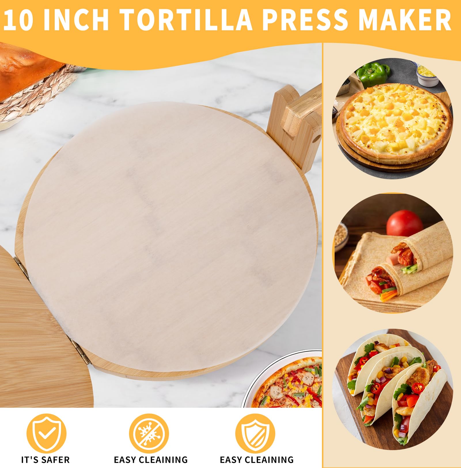10 Inch Wooden Tortilla Press with Rolling Pin & 50 Pcs Parchment Paper - Authentic Mexican Tortilla Maker for Homemade Tortillas, Roti, Dough - Perfect for Taco Night, Meal Prep & Latin Cooking