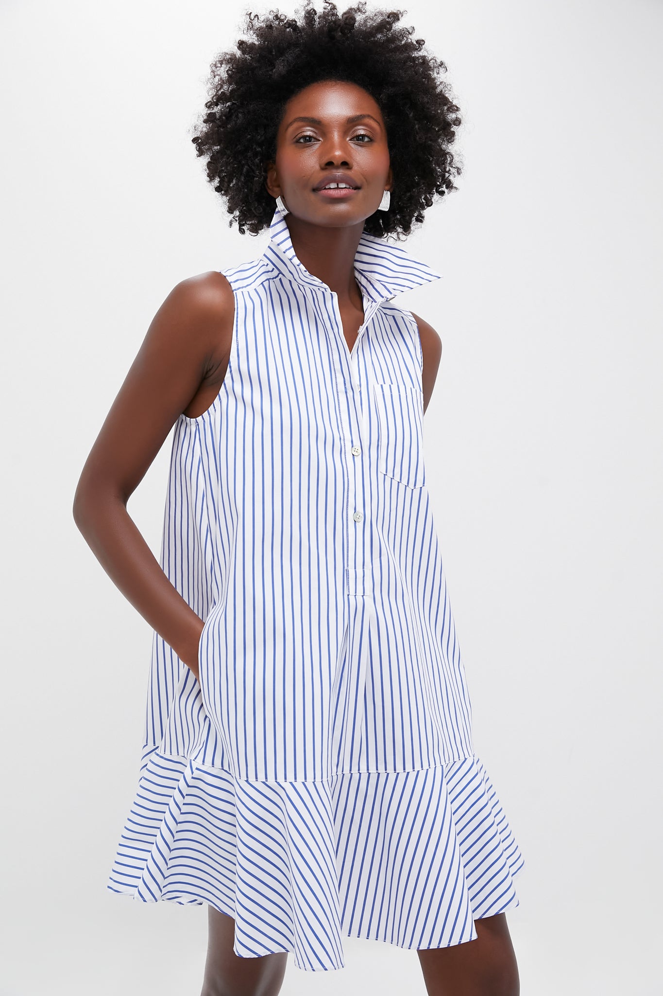 Blue Stripe Sleeveless Callahan Shirt Dress for Women | Summer Casual Wear & Beach Cover Up | Flowy Comfortable Midi Dress