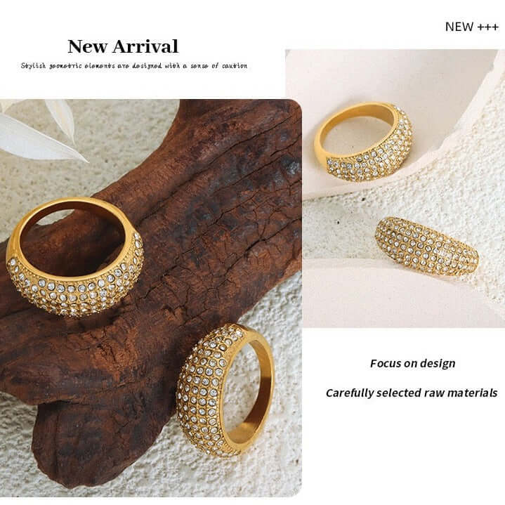 18K Gold Sparkly Pave Dome Ring for Women - Elegant Cubic Zirconia Wedding Engagement Party Jewelry Gift - Perfect for Anniversaries, Valentines Day & Special Occasions