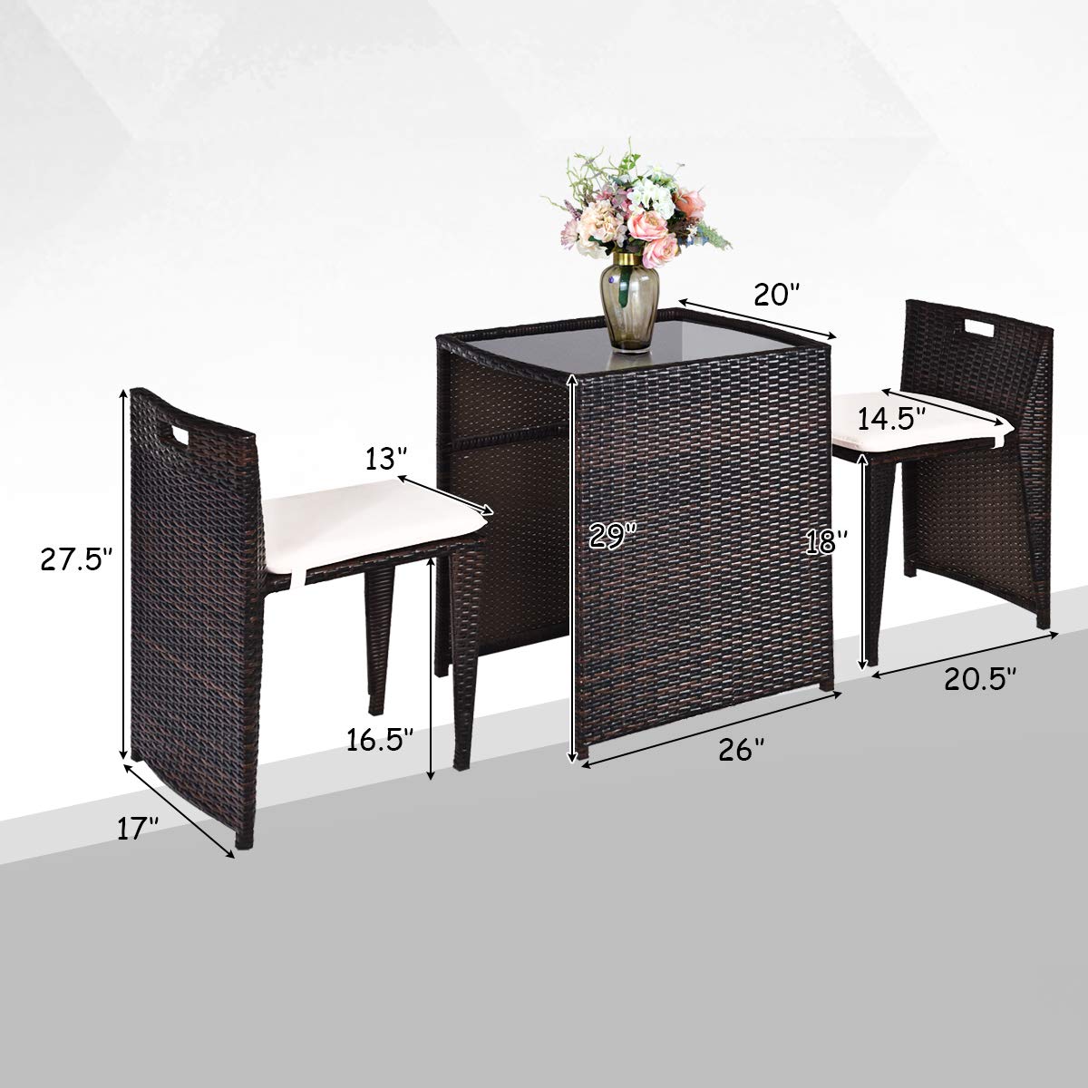 Tangkula 3-Piece Brown Outdoor Rattan Dining Set - Patio Bistro Table with Tempered Glass & Cushioned Wicker Chairs - No Assembly Required - Space Saving Furniture for Courtyard, Balcony, Garden, Backyard & Small Outdoor Spaces