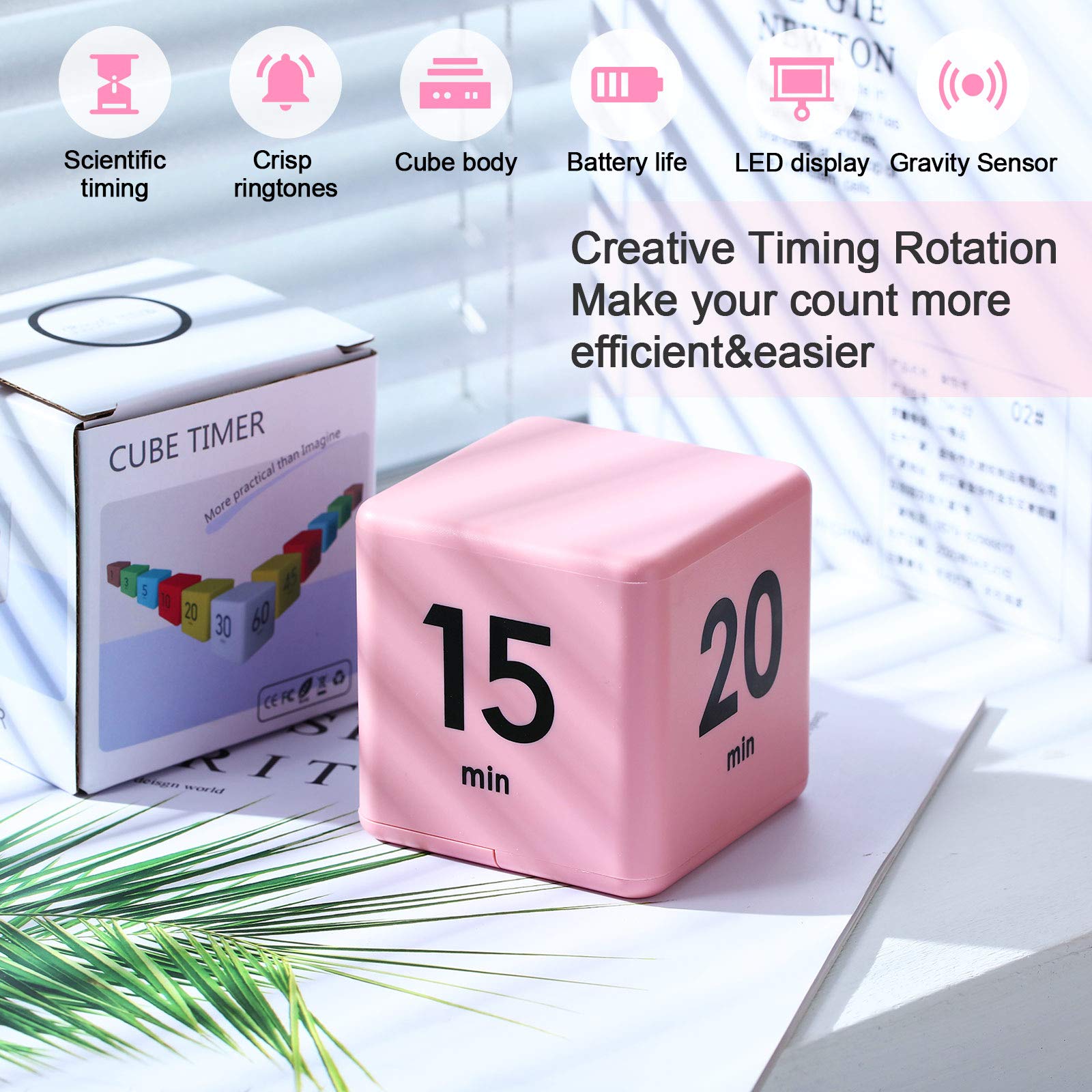 Weewooday 2.6 Inch Cube Timer Block - ADHD Focus Tool with Gravity Sensor for Productivity, Workouts & Time Management (15/20/30/60 Minute Settings) - Perfect for Kitchen, Office, Study & Gym - Pink