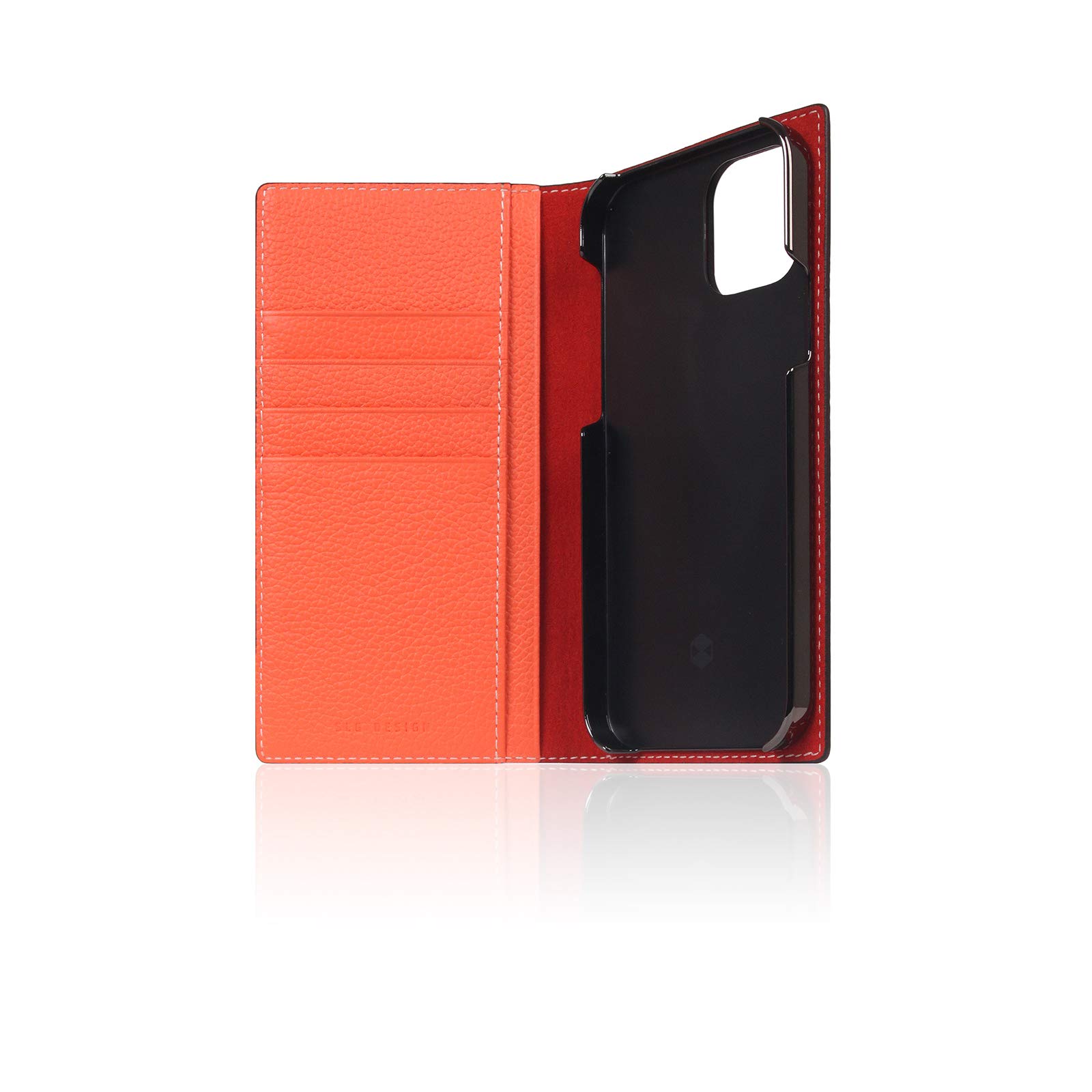 Premium SLG D8 Neon Full Grain Leather Wallet Case for iPhone 12 Pro Max - Handcrafted Diary Style with Card Slots & Cash Pocket | Luxury Protective Phone Cover for Business & Travel | Gift Box Included (Coral)