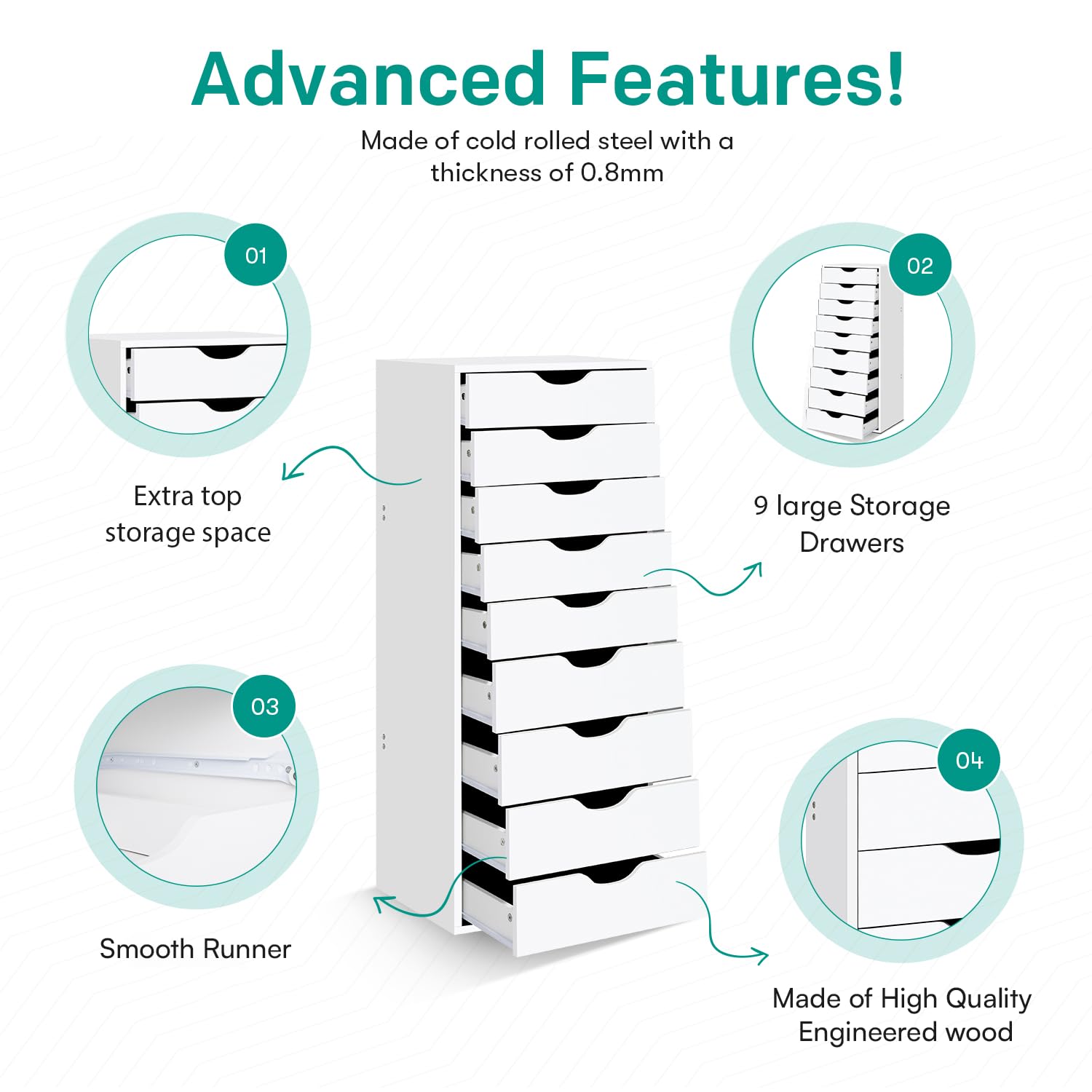 Naomi Home Bianca 9-Drawer Wooden Dresser Cabinet - Large Storage Organizer with Makeup Drawers for Bedroom & Closet - 200 lbs Weight Capacity - White - Perfect for Home Organization & Space Saving