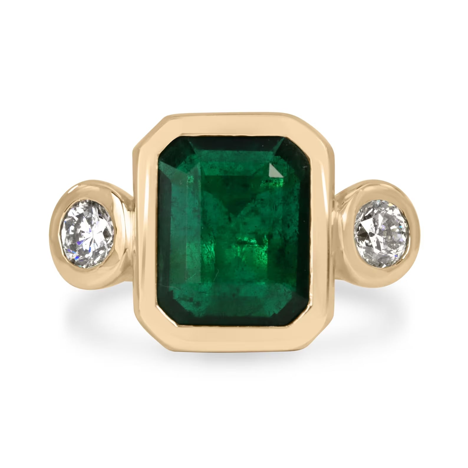 4.58tcw Natural Dark Emerald & Round Diamond Three Stone Ring in 18K Gold - Elegant Engagement, Anniversary or Gift Jewelry for Women