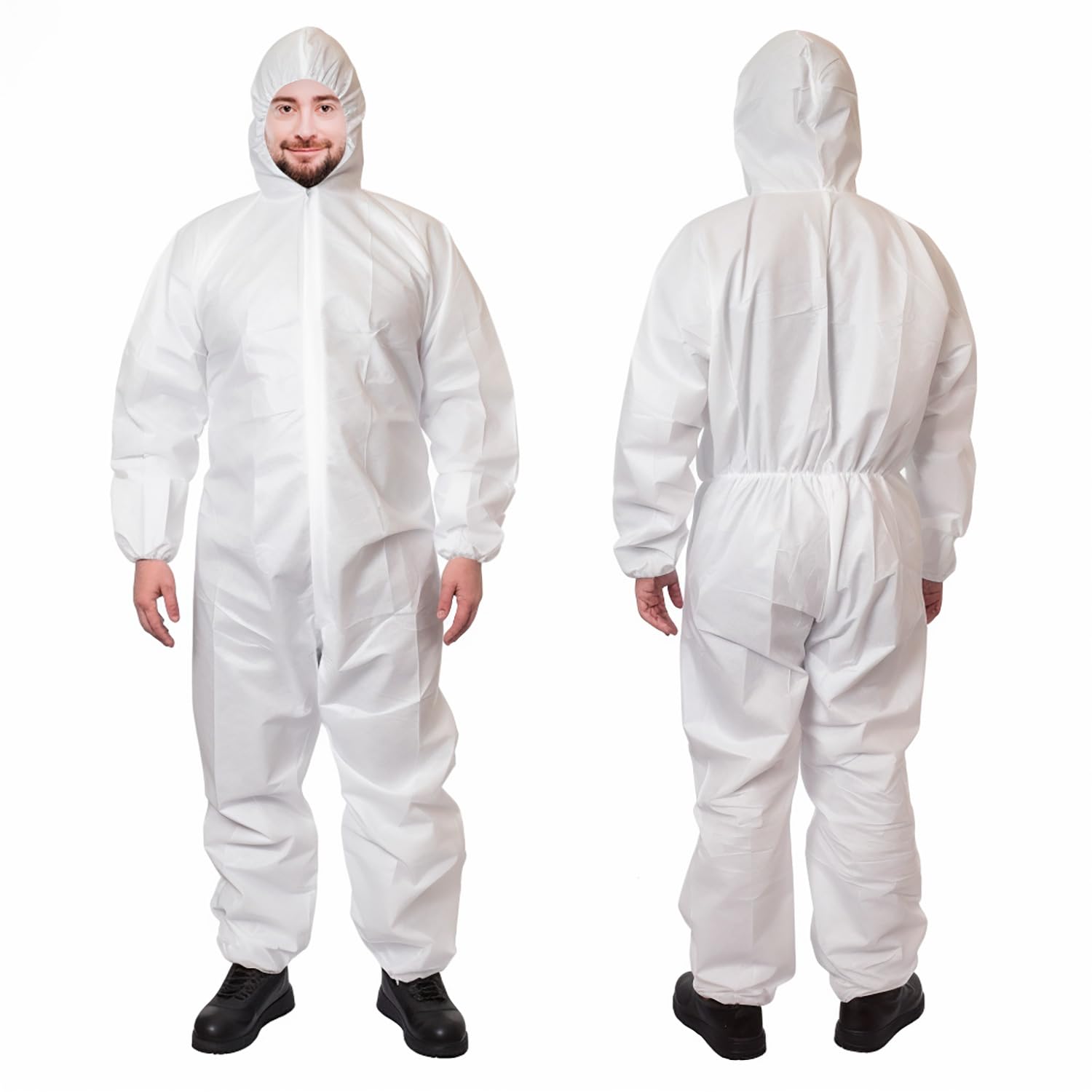 EZGOODZ White Disposable Coveralls with Hood - 25 Pack Hazmat Suits (Size M) | 60 GSM Microporous Painters Suit | Elastic Wrists & Ankles | Waterproof Protective Coveralls for Painting, Construction, Chemical Handling & Industrial Work