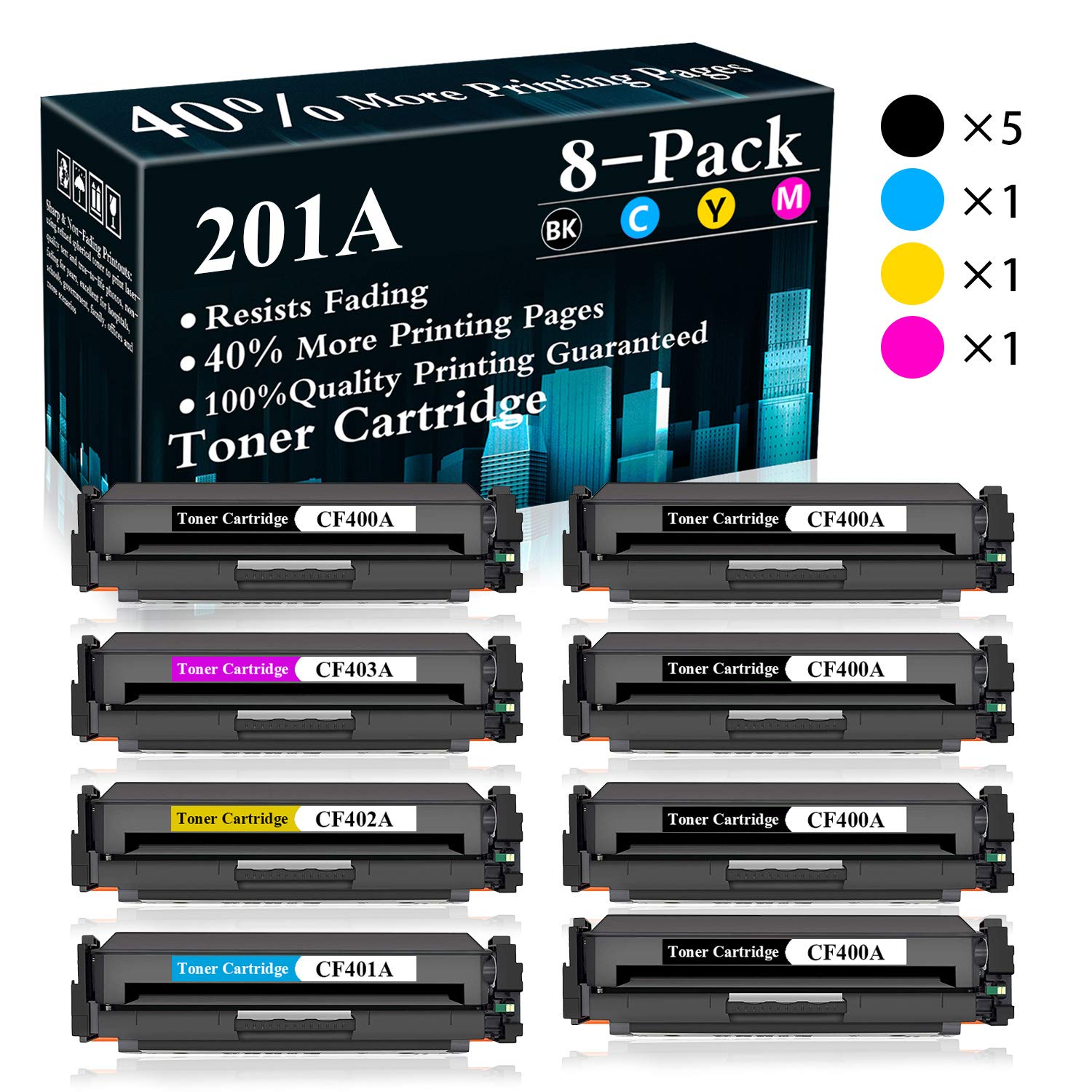 8-Pack (5BK+C+Y+M) 201A | CF400A CF401A CF402A CF403A Compatible Toner Cartridges Replacement for HP Color LaserJet Pro MFP M277dw M277n M277c6 M252dw M252n M277 M252 Printers - High Yield Printing for Office & Home Use