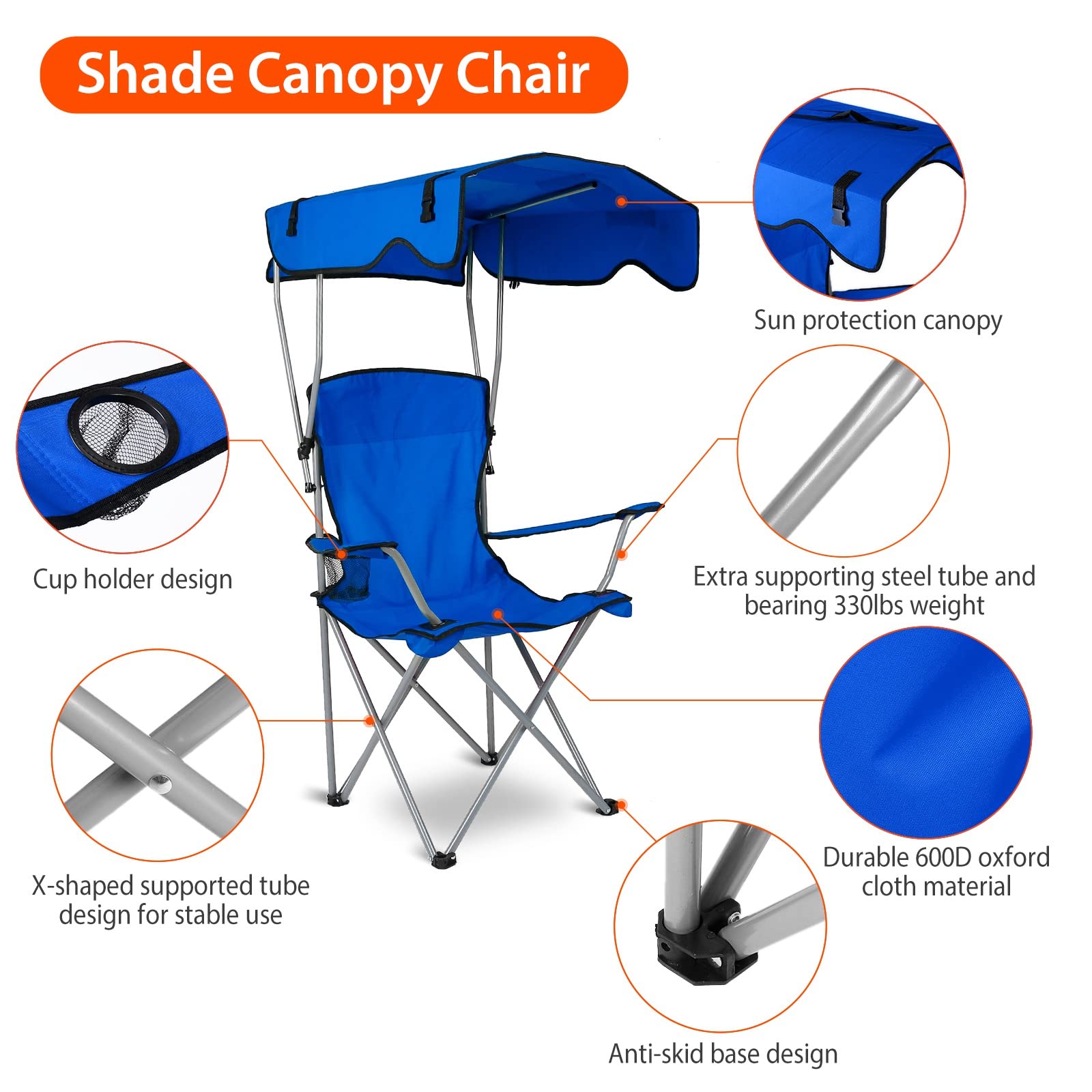 Foldable Beach Canopy Chair with Sun Shade - Heavy Duty Camping Chair for Outdoor Use, Portable Lawn Chair with Cup Holder - Perfect for Beach, Park, Patio, Backyard & Picnic (Blue)