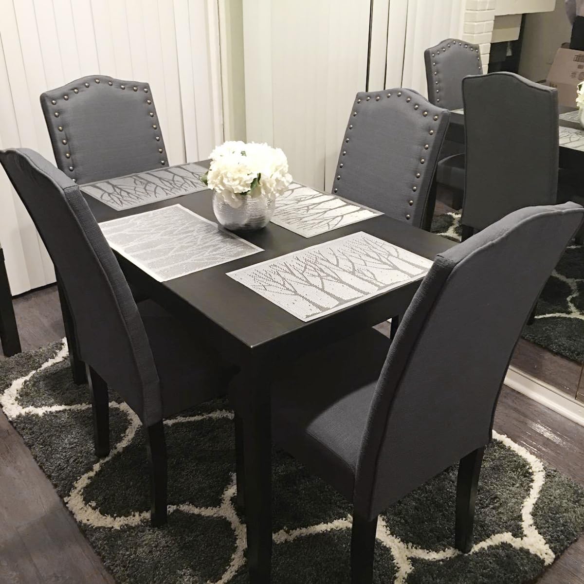 LSSBOUGHT Set of 2 Upholstered Parsons Dining Chairs - Dark Gray Fabric Kitchen Chairs with Solid Wood Frame & Nailhead Trim - Perfect for Dining Room, Kitchen, or Breakfast Nook