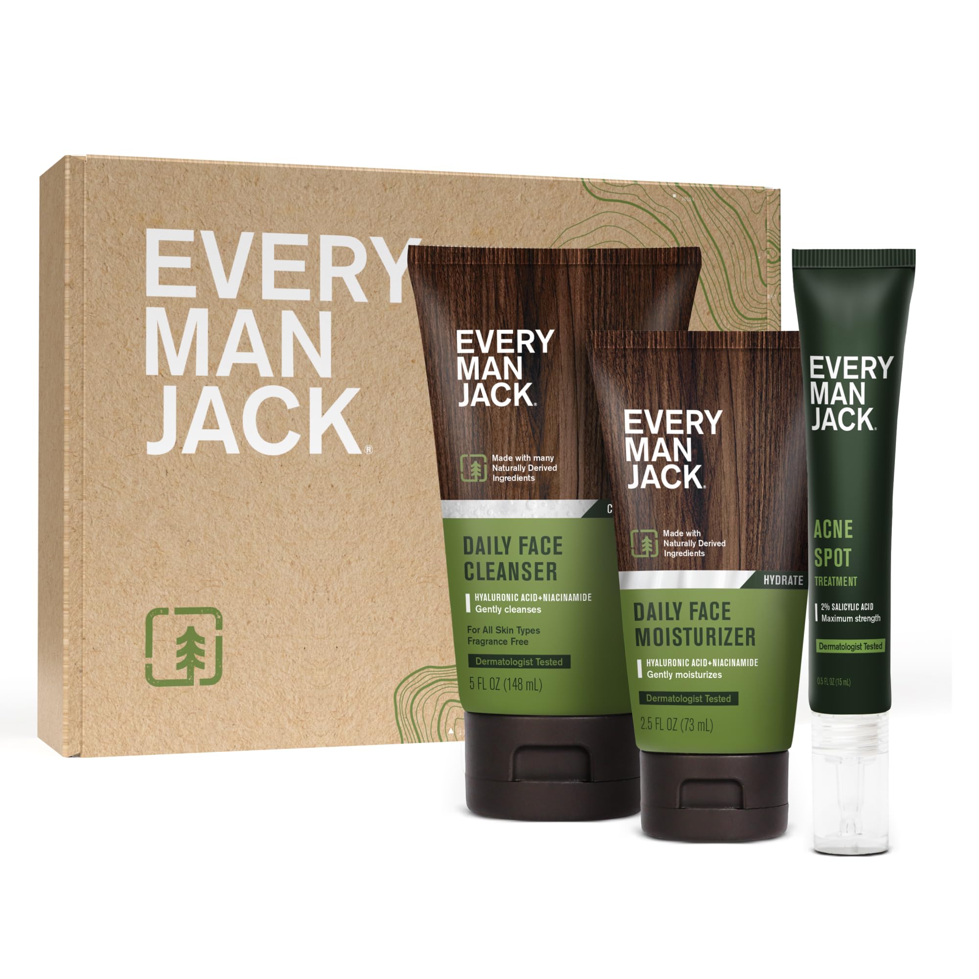 Every Man Jack Fragrance-Free Daily Skin Care Set for Men - 3 Full-Size Products: Face Wash, Moisturizing Lotion & Acne Spot Treatment - Complete Routine for Clear, Healthy Skin | Perfect for Morning & Night Use at Home, Gym or Travel