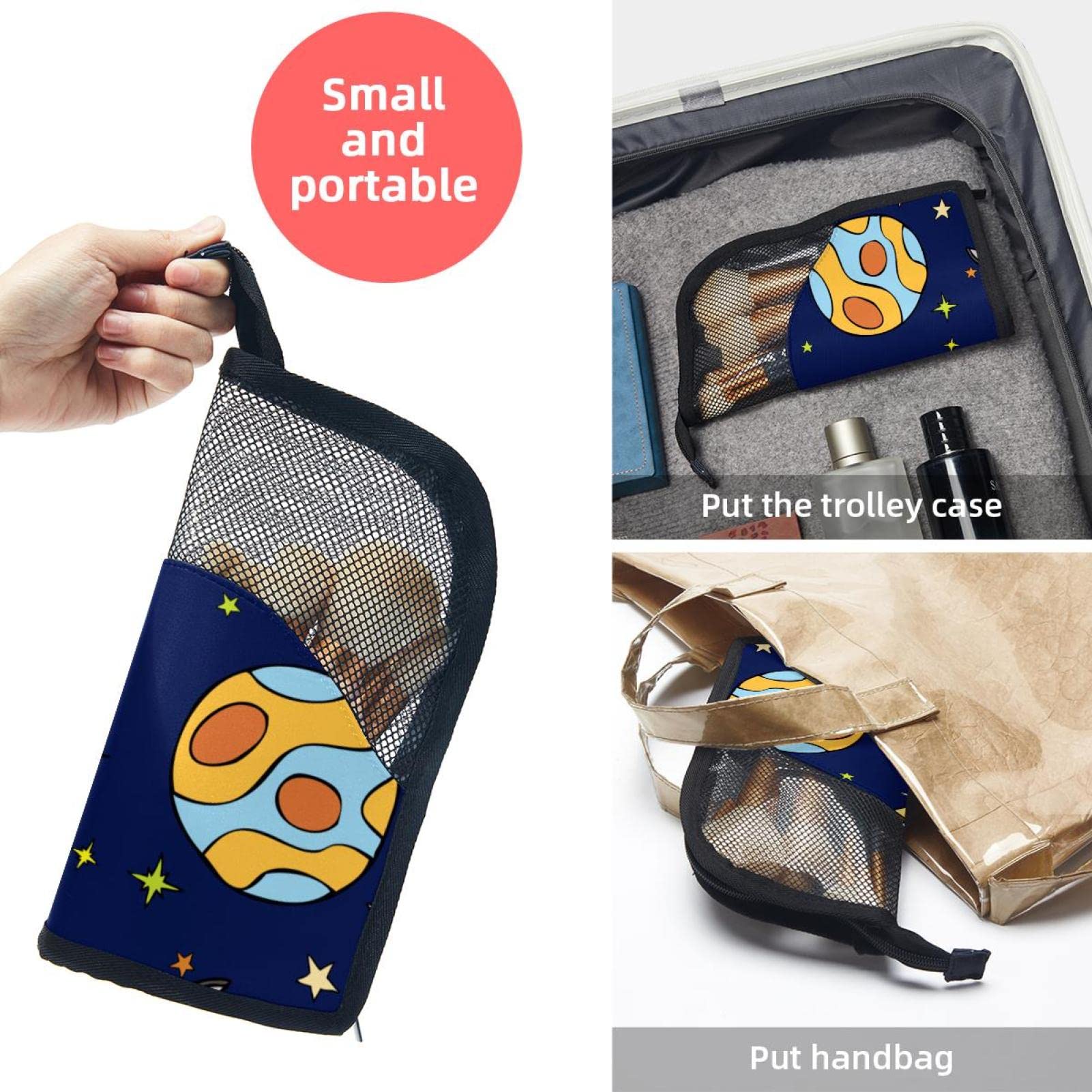 12-Piece Makeup Brush Organizer Bag with Space Stars Design - Portable Cosmetic Brush Holder Case for Travel & Home Storage (Planet, Rockets, Sun Pattern) - Perfect for Makeup Artists & Beauty Enthusiasts