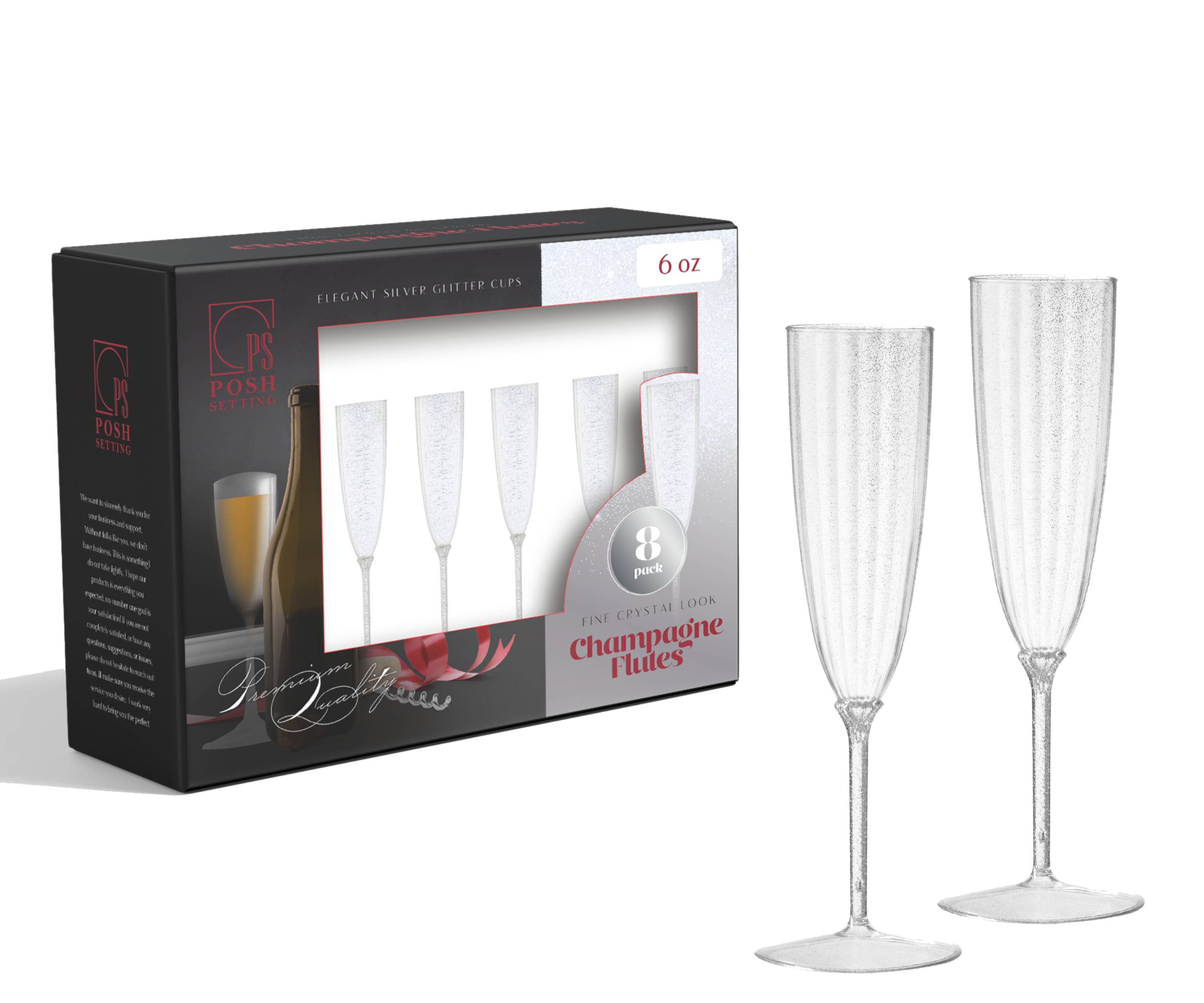 6 Oz Silver Glitter Plastic Disposable Champagne Flutes - 8 Pack for Weddings, Parties & Celebrations - Elegant & Shimmering Drinkware