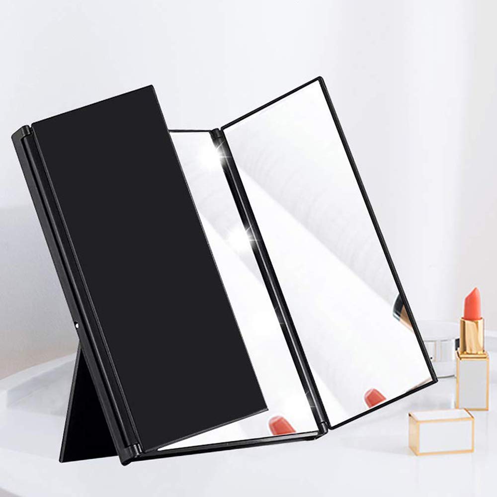 Portable LED Lighted Desktop Mirror with 3-Side Folding Design - Custom Logo Makeup Mirror (White) | Perfect for Home Vanity, Travel & Professional Makeup Artists