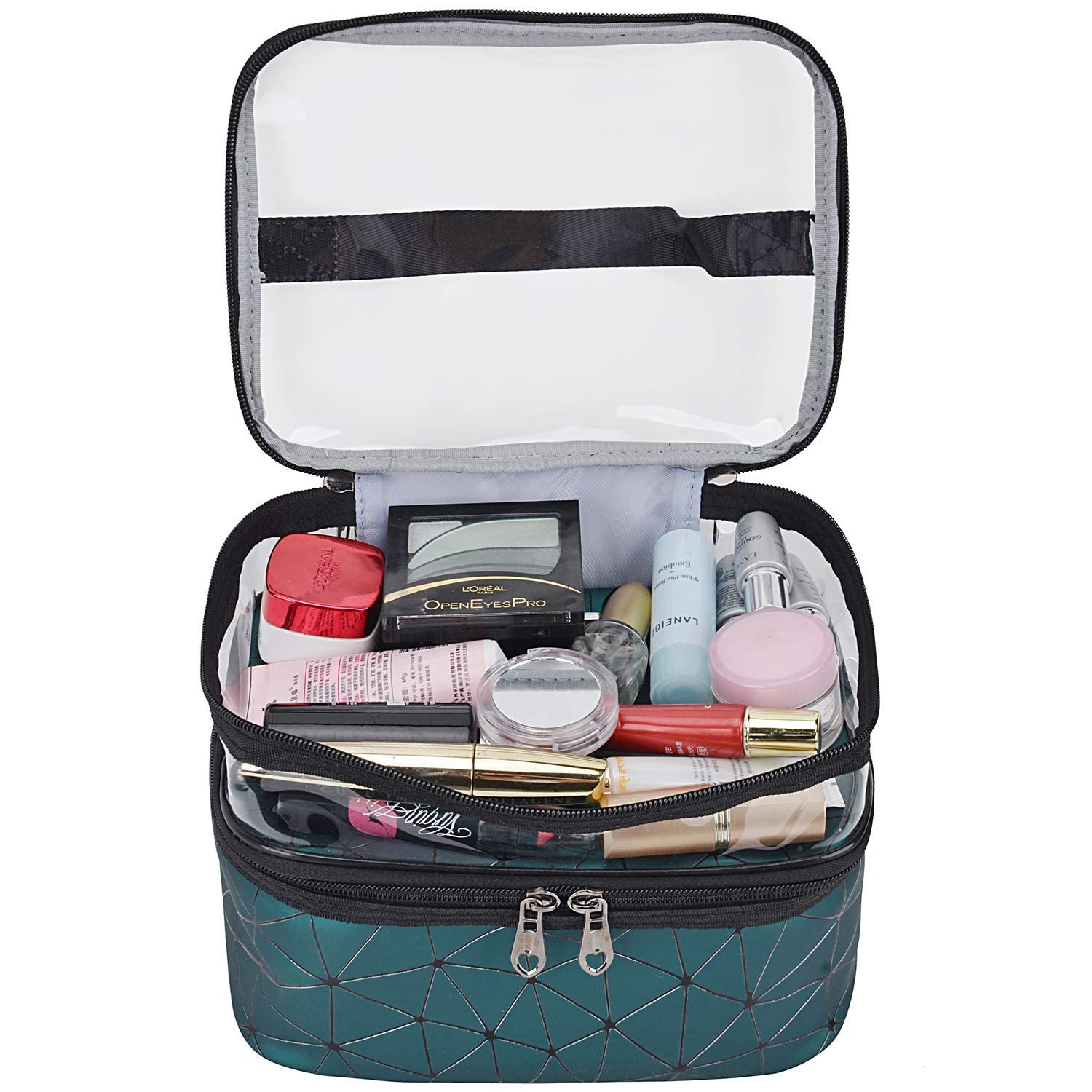 HITSHREE Women's Makeup Travel Organizer Toiletry Bag - Double Layer Cosmetic Case for Brushes & Beauty Tools, Portable Luxury Makeup Pouch (Green Diamond) | Perfect for Travel, Gym, and Daily Organization