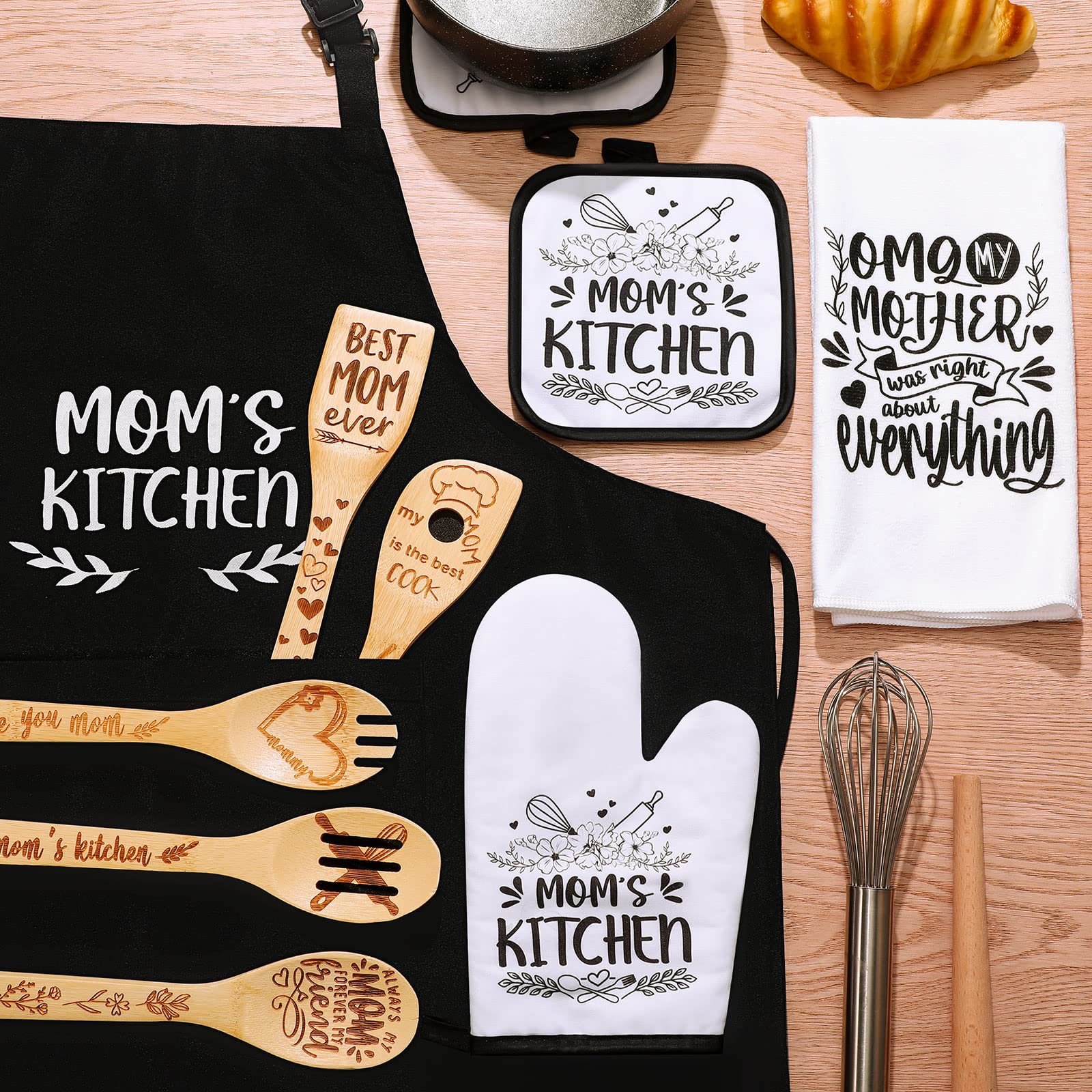 Vicenpal 10-Piece Mom Gift Set - Cotton Apron, Tea Towel, Bamboo Kitchen Utensils, Pot Holders & Oven Mitt - Perfect for Birthday, Christmas & Mother's Day - Ideal for Cooking, Baking & Home Decor