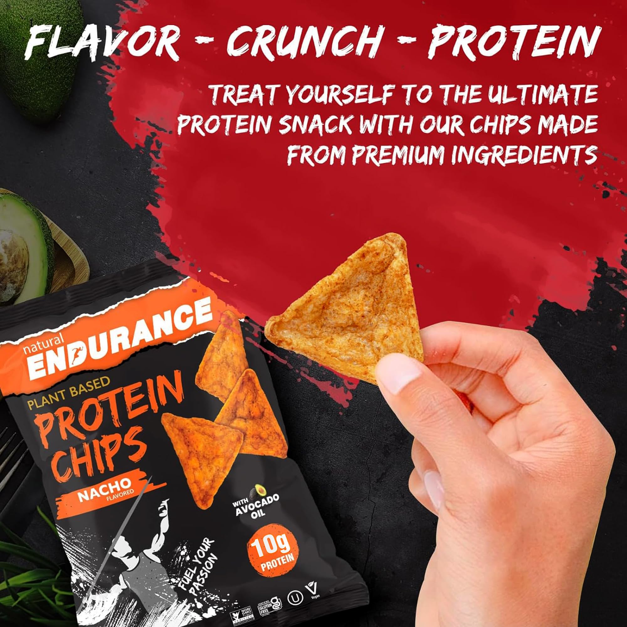 Natural Endurance Protein Chips - Low Carb High Protein Vegan Snacks with Avocado Oil, 14g Protein Per Bag, Gluten Free, Nacho BBQ Chili Birthday Cake Original Flavors - Variety Pack (12 x 1.38oz) for Gym, Hiking, Keto Diet & Healthy On-the-Go Snacking