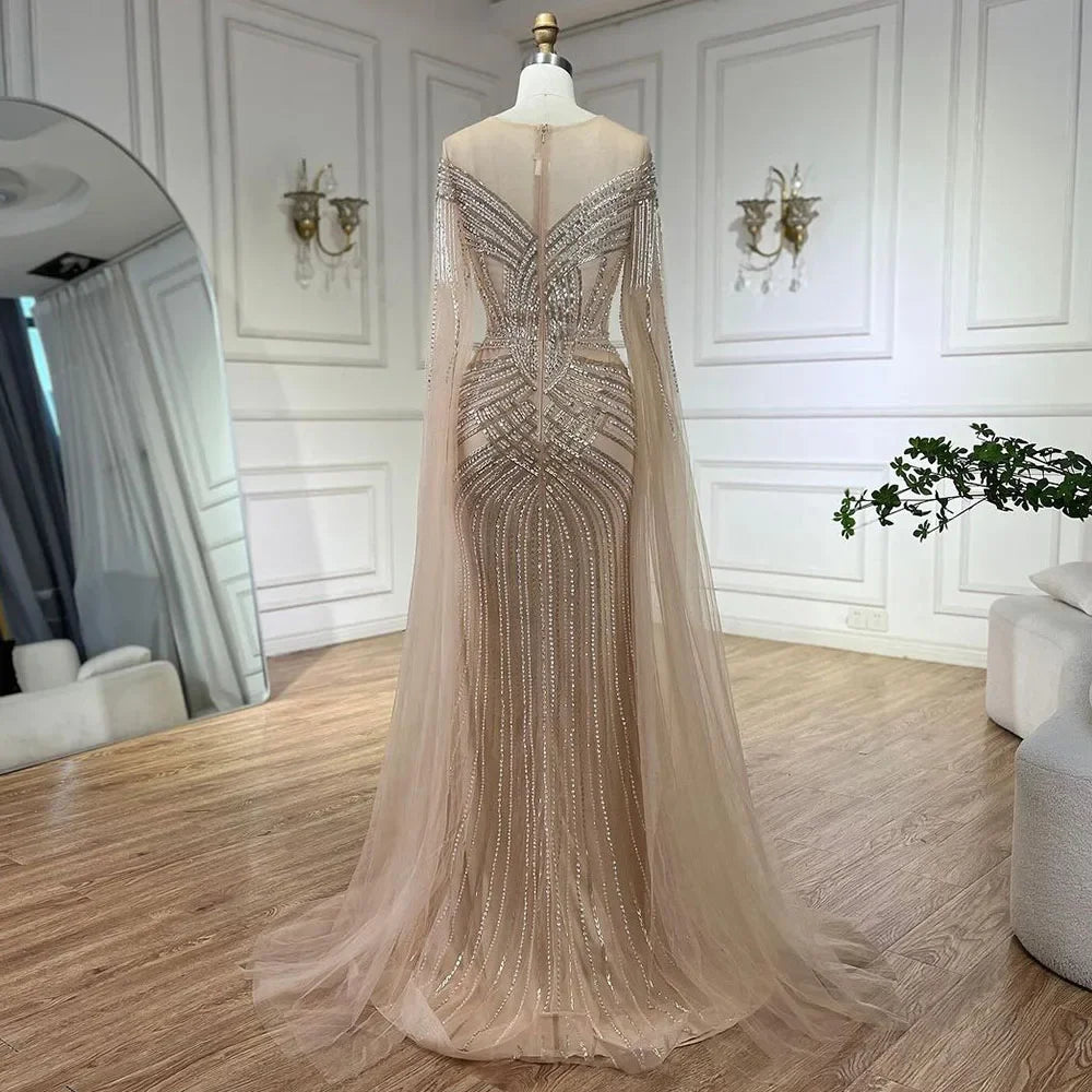 Serene Hill Luxury Nude Arabic Mermaid Evening Gown with Cape Sleeves & Beaded O-Neck - Elegant Wedding Party Dress for Women 2025 (LA72012) | Perfect for Bridal Showers, Red Carpet Events & Formal Occasions