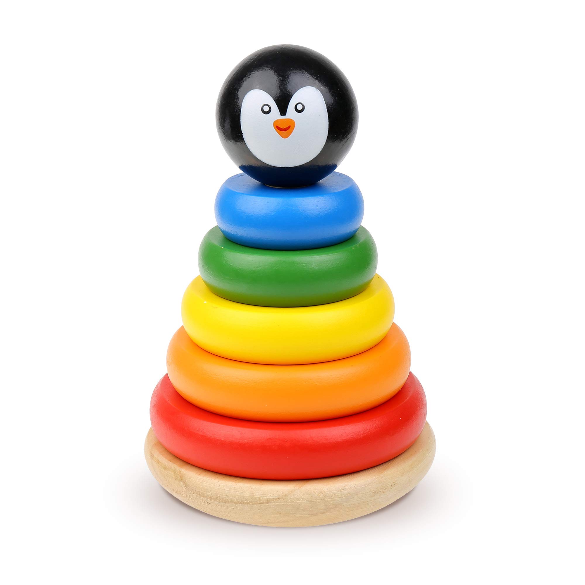 Boxiki Kids Wooden Stacking Toy with Penguin Topper - Rainbow Rings Stacking Game for Toddlers Age 3+ - Educational Learning Toys for Preschool & Kindergarten - Perfect for Early Childhood Development & Montessori Playtime
