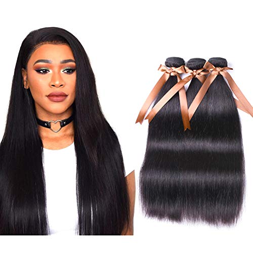 ALLRUN 100% Unprocessed Brazilian Straight Virgin Human Hair Bundles - 26 28 30 Inch Natural Black Hair Extensions for Styling, Weaves & Everyday Wear