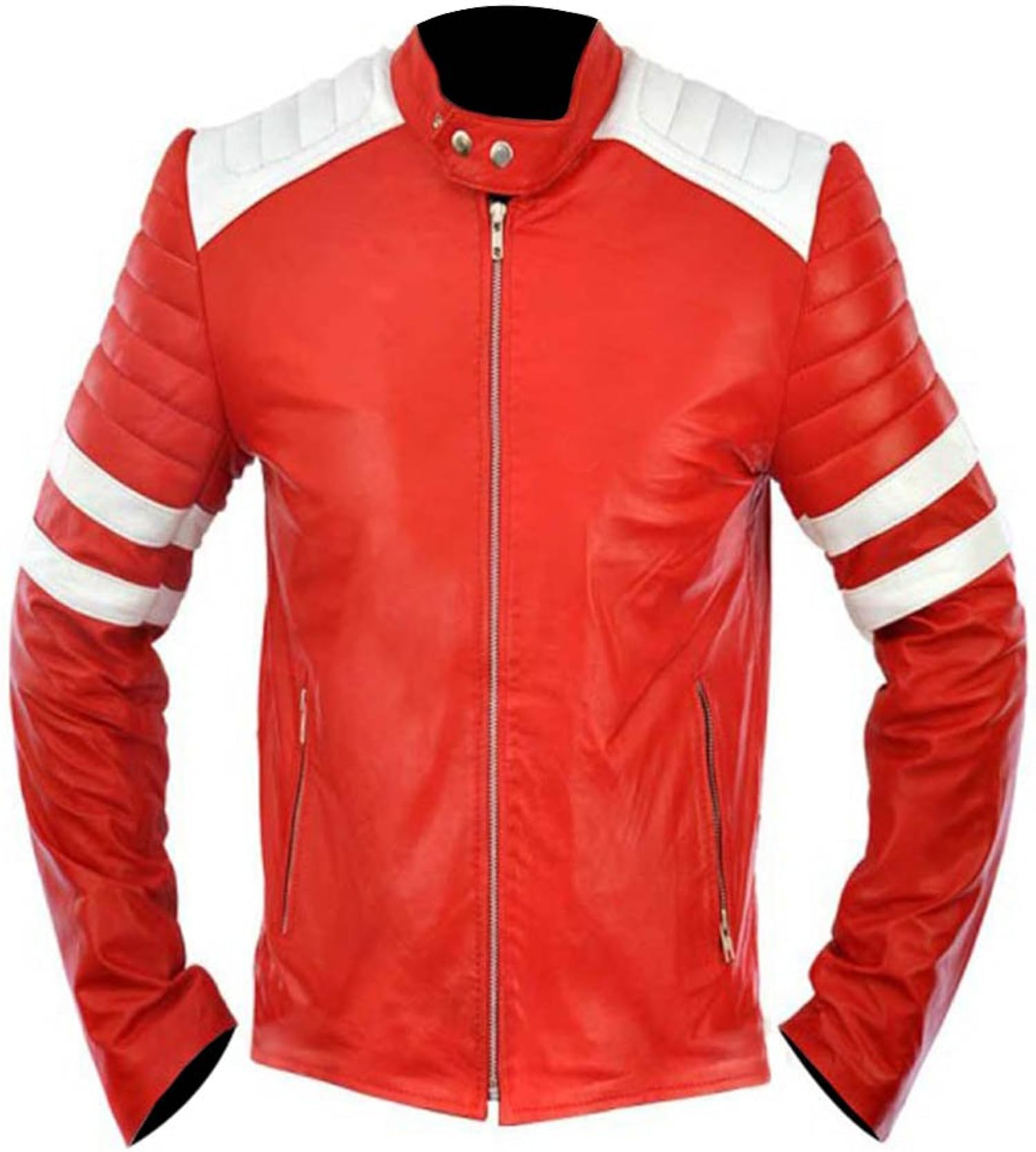 Men's Red & White Faux Leather Biker Jacket - Stylish Motorcycle Riding Jacket for Casual Outfits & Night Out