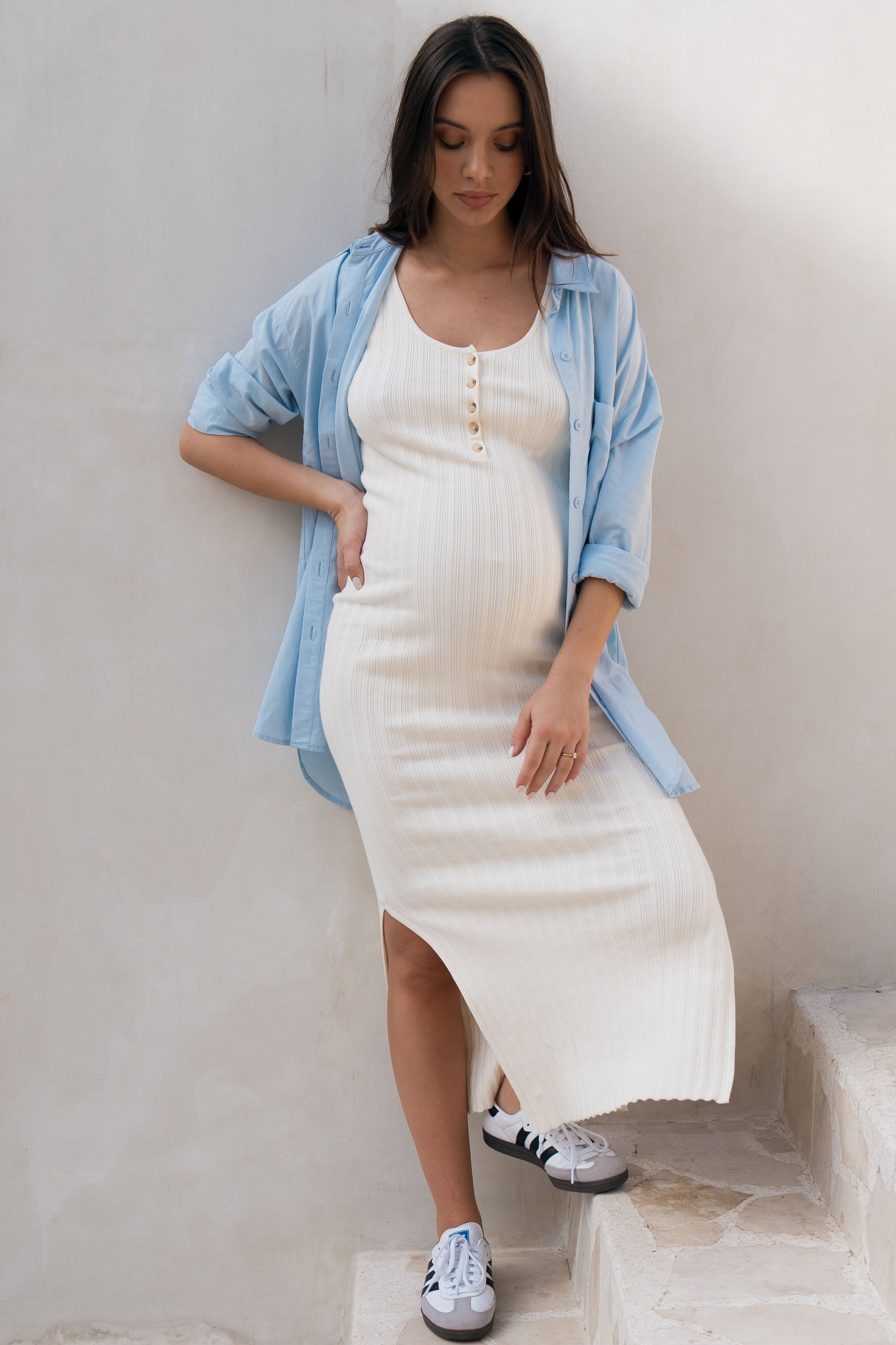 Stylish Sunset Column Knit Dress in Ivory - Perfect for Summer Beach Vacations & Evening Cocktail Parties