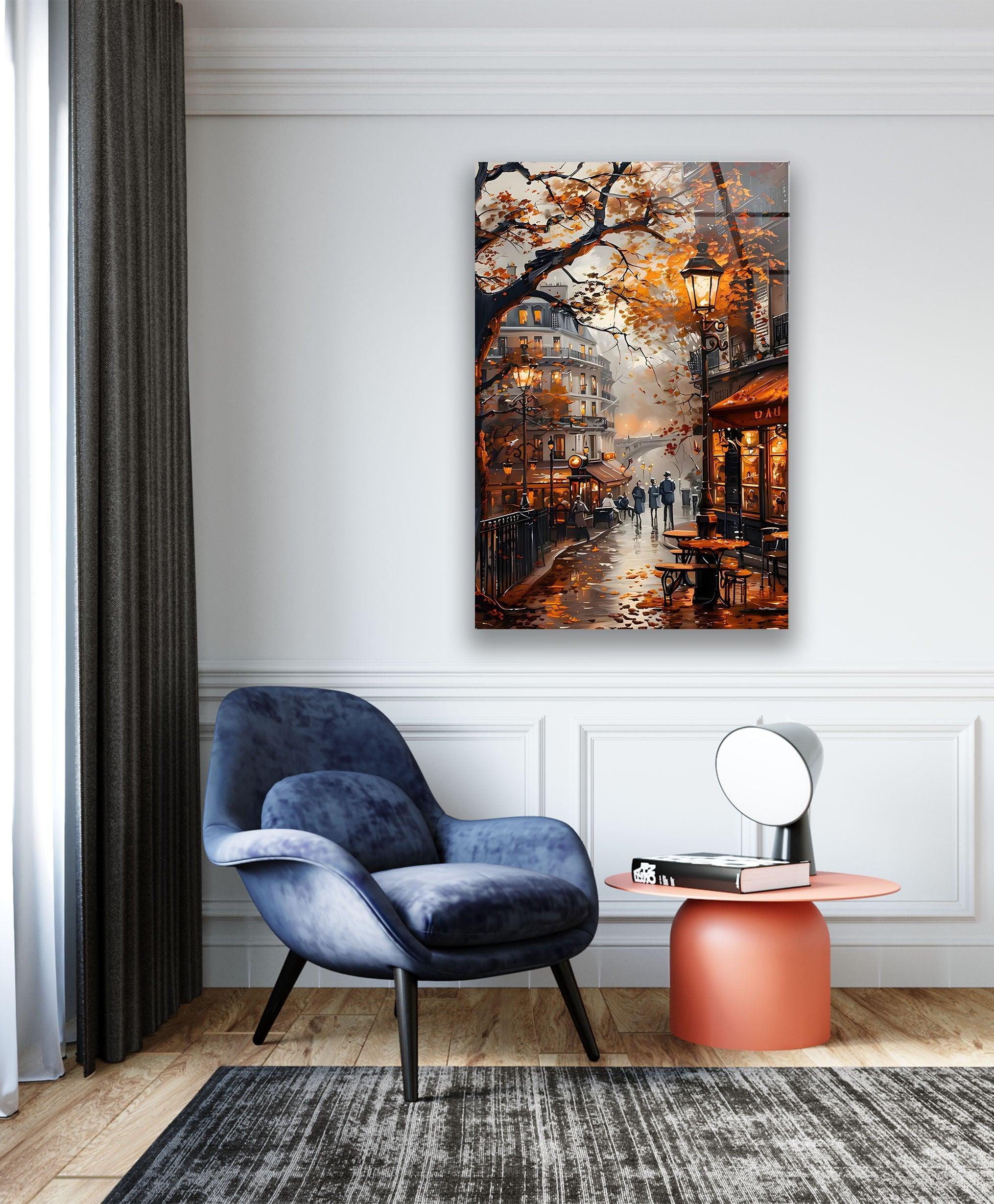 Autumn in Paris Glass Wall Art - Romantic Fall Cityscape Painting for Home & Office Decor | Perfect for Living Room, Bedroom, or Gift