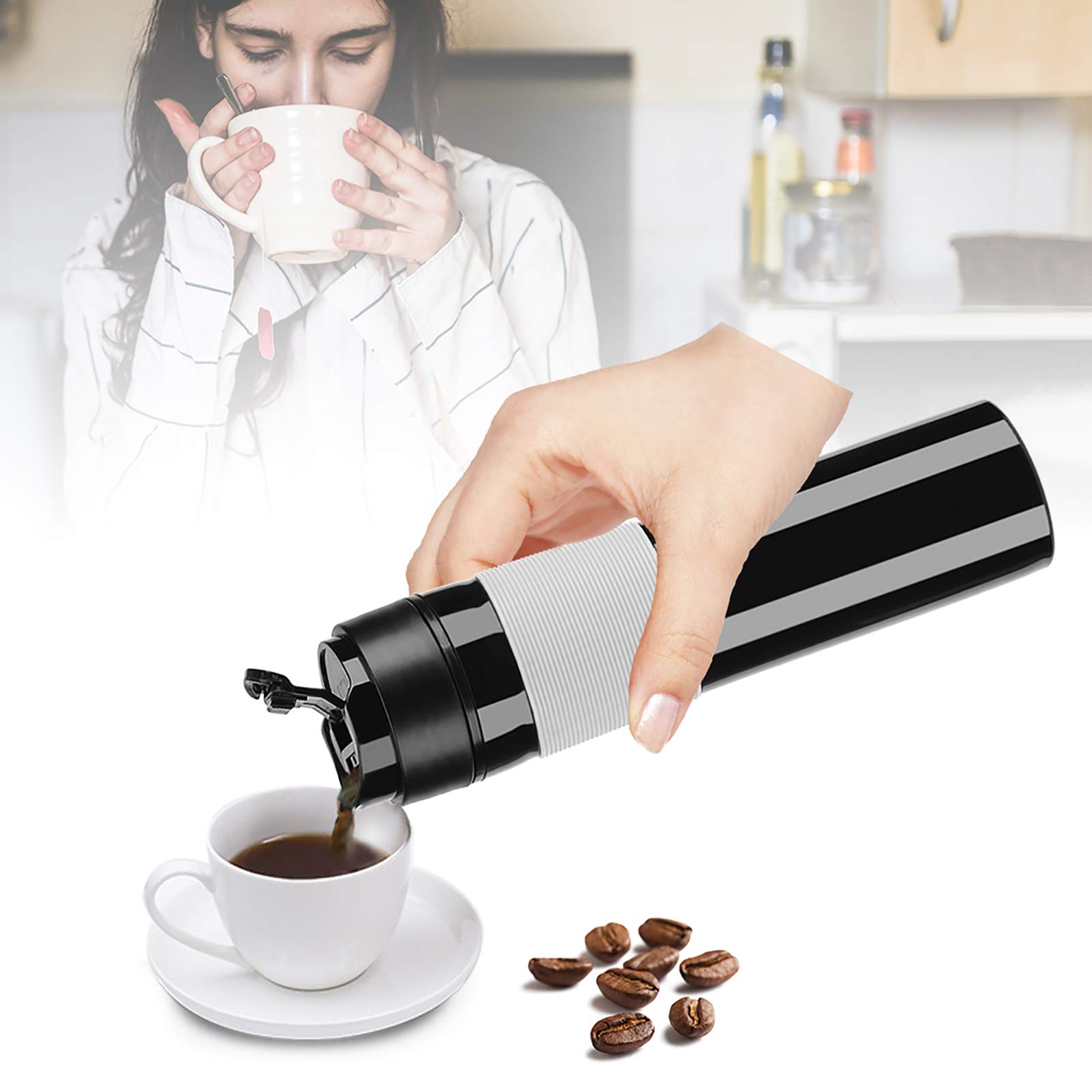 **Portable Coffee Maker - 350ml Leak-Proof & Lightweight Travel French Press with Spill-Proof Lid - Perfect for Camping, Office, Travel, Holiday & Vacation (Black)**