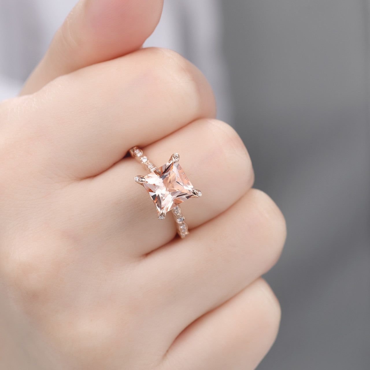 8mm Natural Morganite & Diamond Hidden Halo Rose Gold Wedding Ring for Women - Elegant Princess Style Engagement Ring, Perfect for Proposals, Anniversaries & Bridal Jewelry