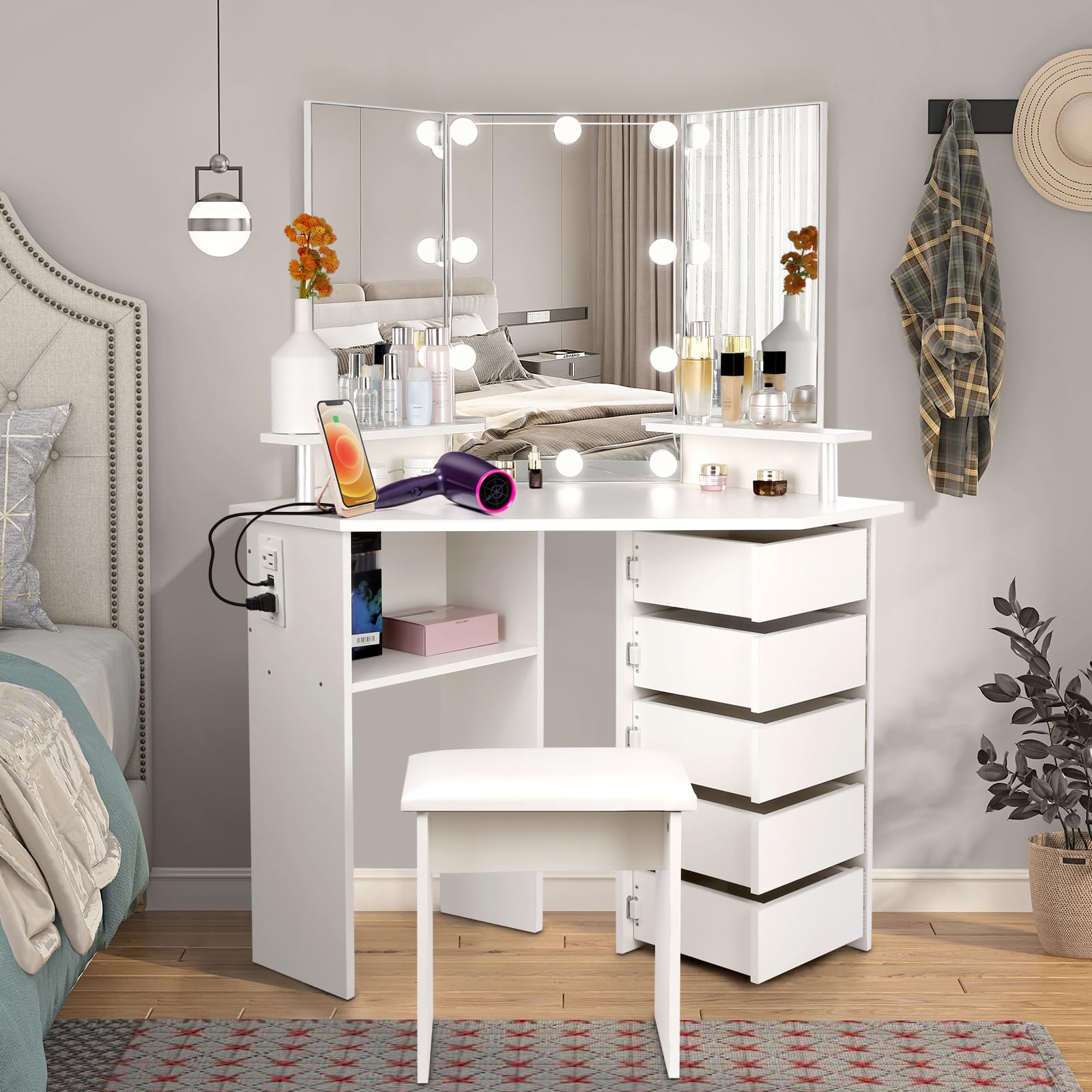 VOWNER LED Vanity Mirror with Lights - Adjustable Brightness Makeup Vanity Desk with Power Outlet, 3 Color Lighting Modes, 5 Spinning Drawers & Storage Shelves, Includes Stool - Perfect for Bedroom, Dressing Room & Home Beauty Station (White)