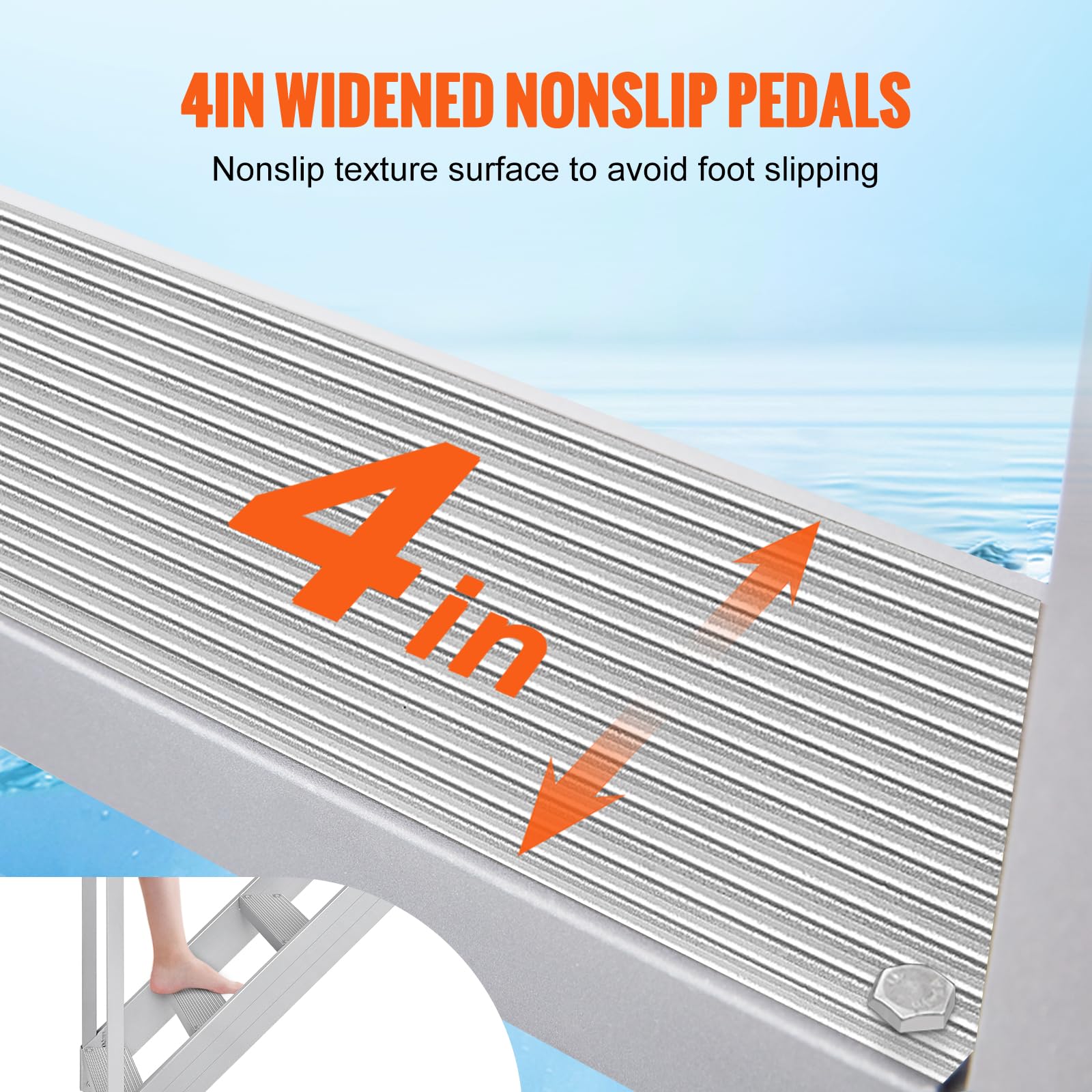 VEVOR 4-Step Aluminum Dock Ladder with Handrails - 500lb Capacity Adjustable Boat Steps for Pool, Lake & Marine Use - Wide Non-Slip Pedals for Pontoon, RV & Home Boarding - Perfect for Swimming, Fishing & Water Sports Access