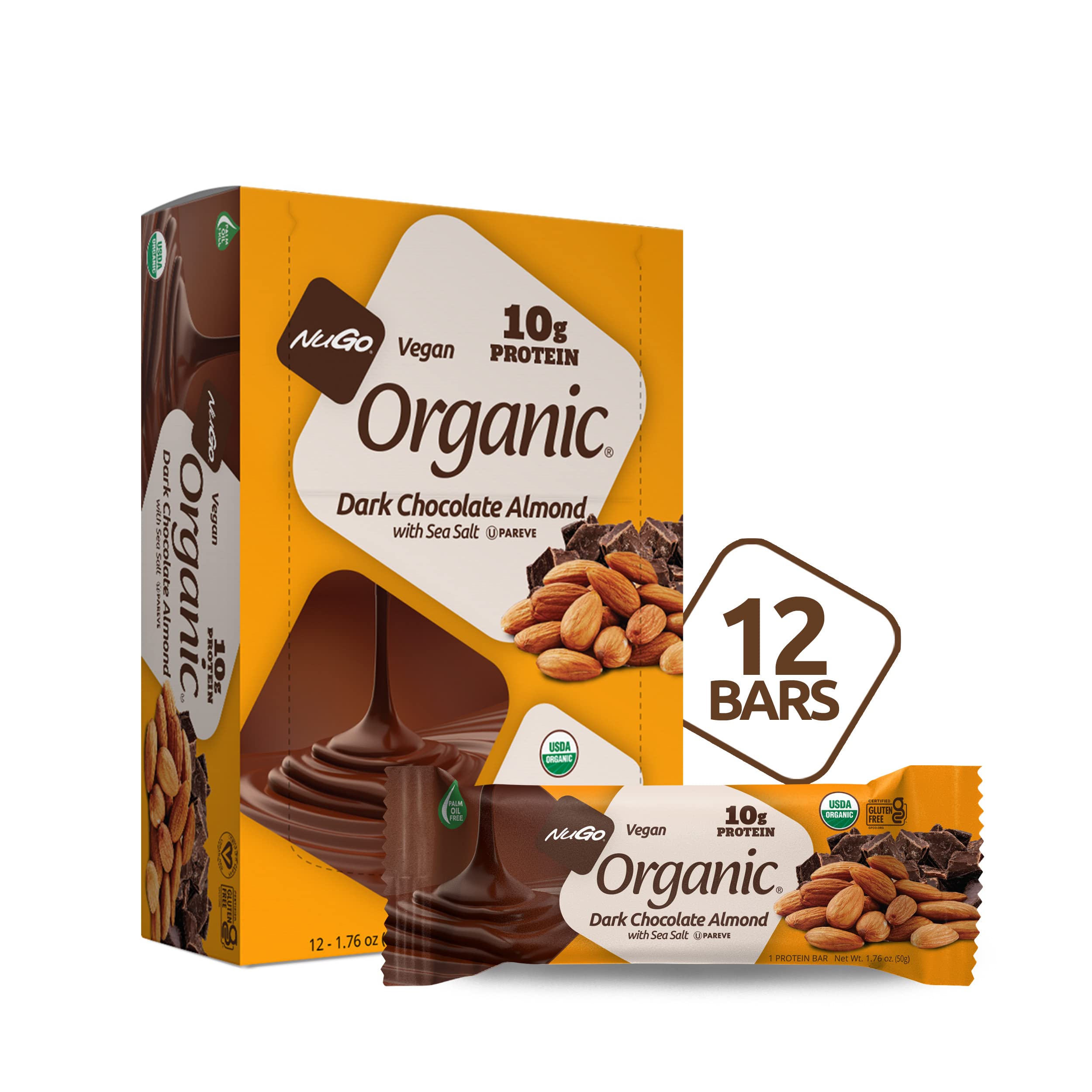 NuGo Organic Dark Chocolate Almond Protein Bars - 10g Vegan Protein, Gluten Free, Non-GMO, 12 Count - Perfect for Post-Workout Recovery & Healthy Snacking