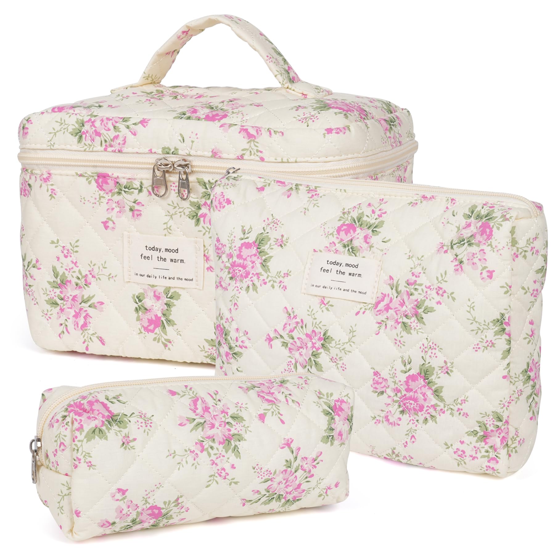 Quilted Floral Makeup Bag Set for Women - Large Cosmetic Organizer & Travel Toiletry Bag | Perfect for Travel, Daily Use & Gift Giving
