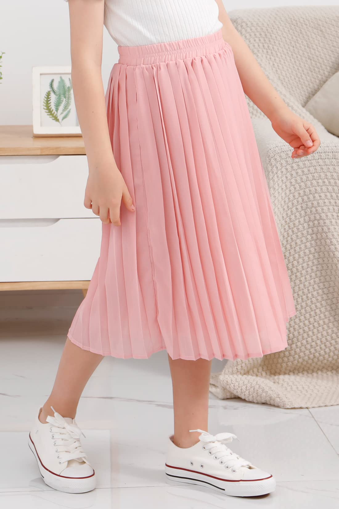 GORLYA Girls Chiffon Pleated Elastic High Waist A-Line Boho Swing Maxi Long Skirt for Teens 4-14T - Perfect for Beach Vacations, Summer Parties & Boho Fashion