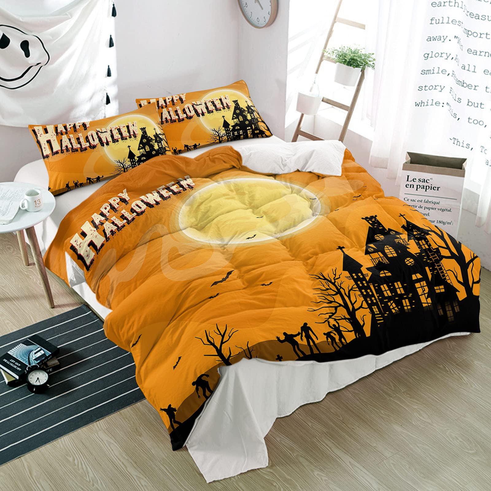 Possta Decor 3-Piece Halloween Duvet Cover Set - Haunted House, Full Moon & Dead Trees Design on Orange Background, Soft Microfiber Quilt Cover with Matching Pillowcases for Queen Size Bed | Spooky Bedroom Decor for Halloween Season & All-Year Gothic Style