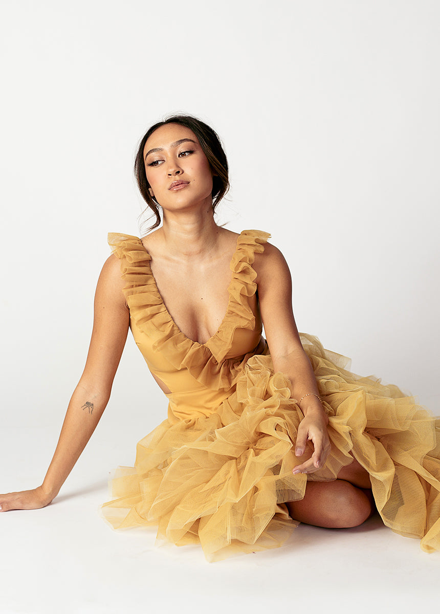 Adrienne Impact Dress in Butterscotch - Elegant Women's A-Line Dress for Casual & Office Wear | Perfect for Parties, Dates & Special Occasions