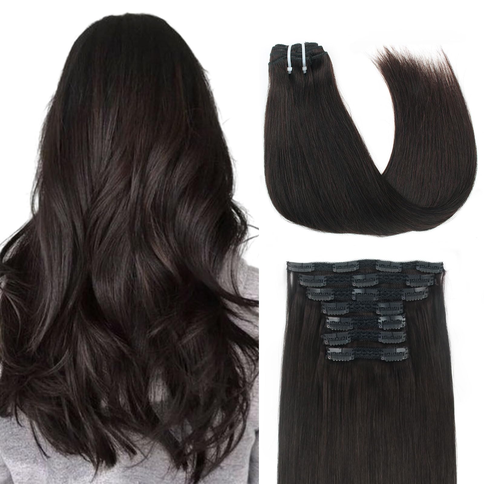 9A Grade Black Clip-In Human Hair Extensions – Off Black Color, Invisible Double Weft, 100% Remy Virgin Straight Hair – 120g, 7 Pieces, 18 Clips, 20 Inch – Perfect for Daily Styling, Parties & Special Occasions