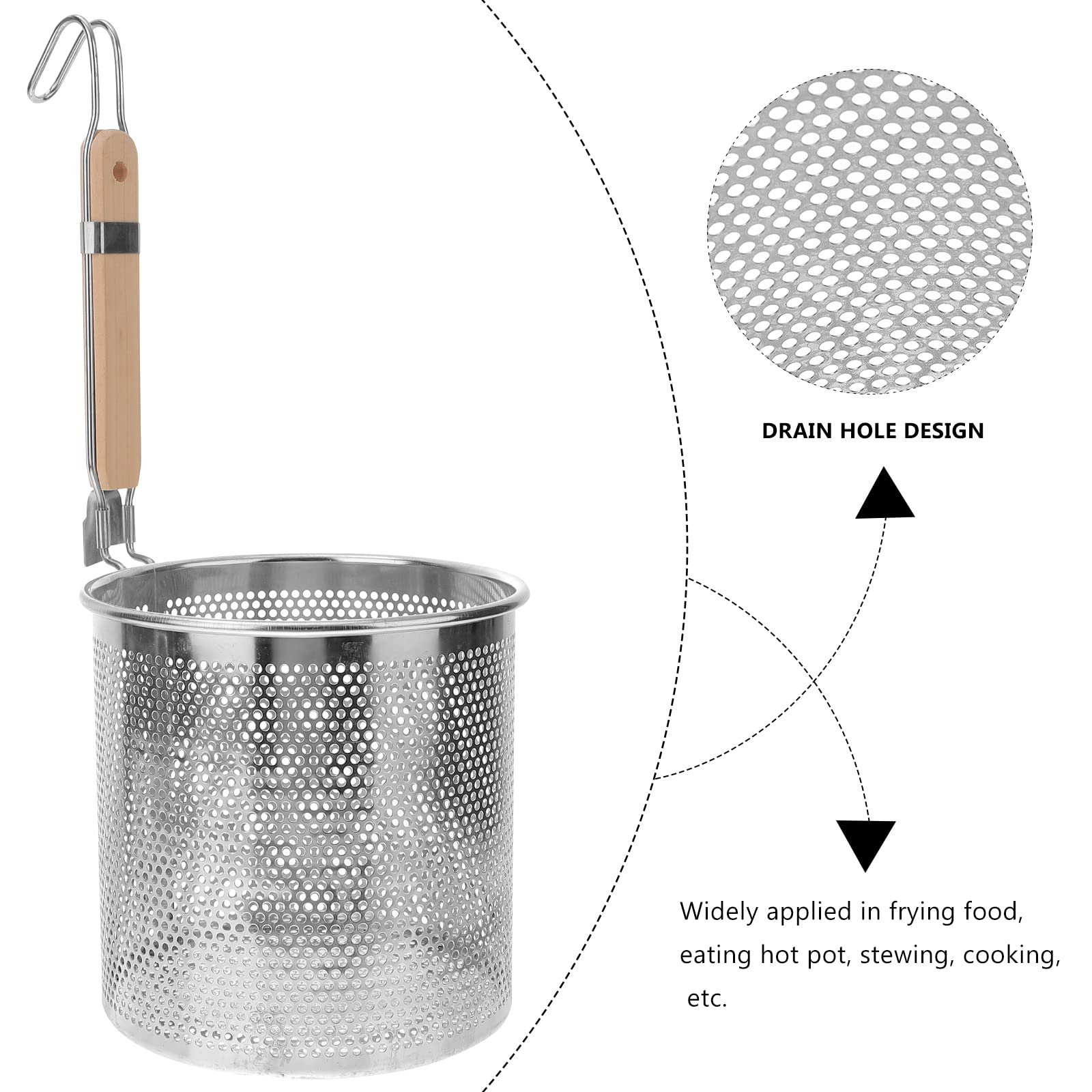 Zerodeko 18cm Stainless Steel Mesh Pasta Basket with Wooden Handle - Noodle Colander, Spider Strainer for Dumplings & Pasta | Perfect for Draining, Cooking & Serving Italian, Asian Dishes