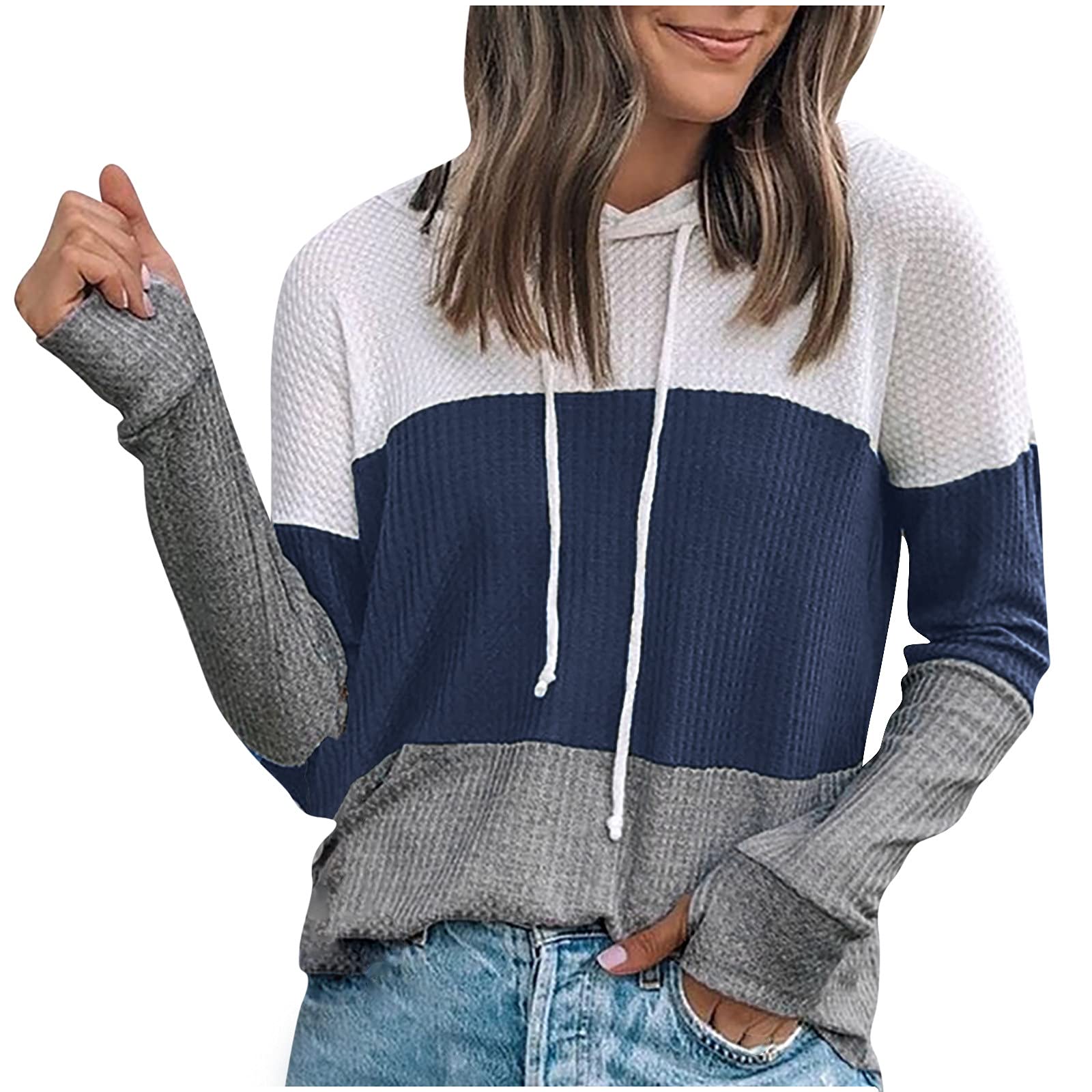 Women's Waffle Pullover Hoodies - Color Block Sweatshirt with Drawstring | Cozy Casual Wear for Fall & Winter | Akklian Women's Fashion Hooded Tops for Lounge, Workout & Street Style