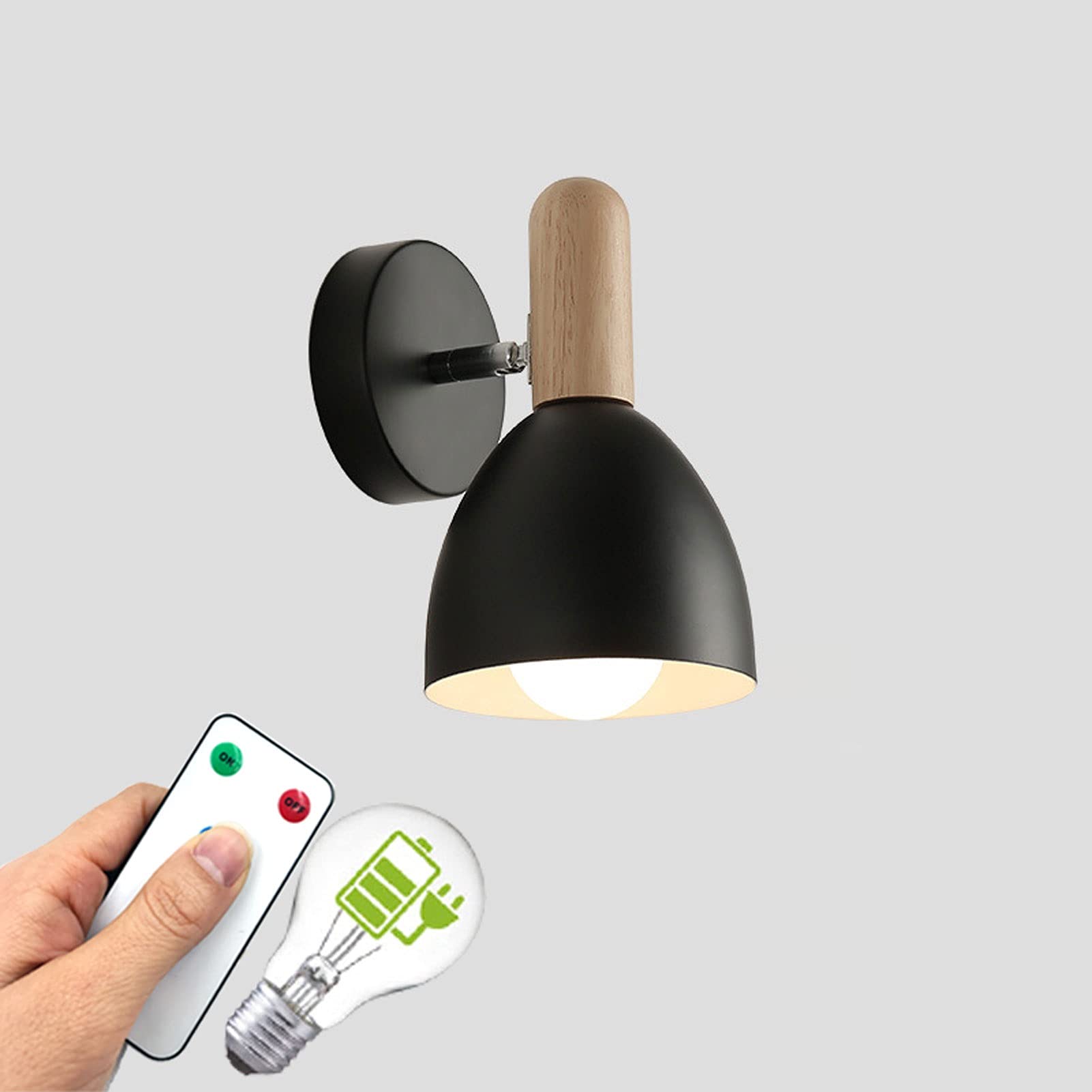 Rechargeable Battery Operated Wall Sconce with Remote Control - 400 Lumens Dimmable LED Reading Light (Black, 2 Bulbs) - Perfect for Bedrooms, Hallways & Emergency Lighting