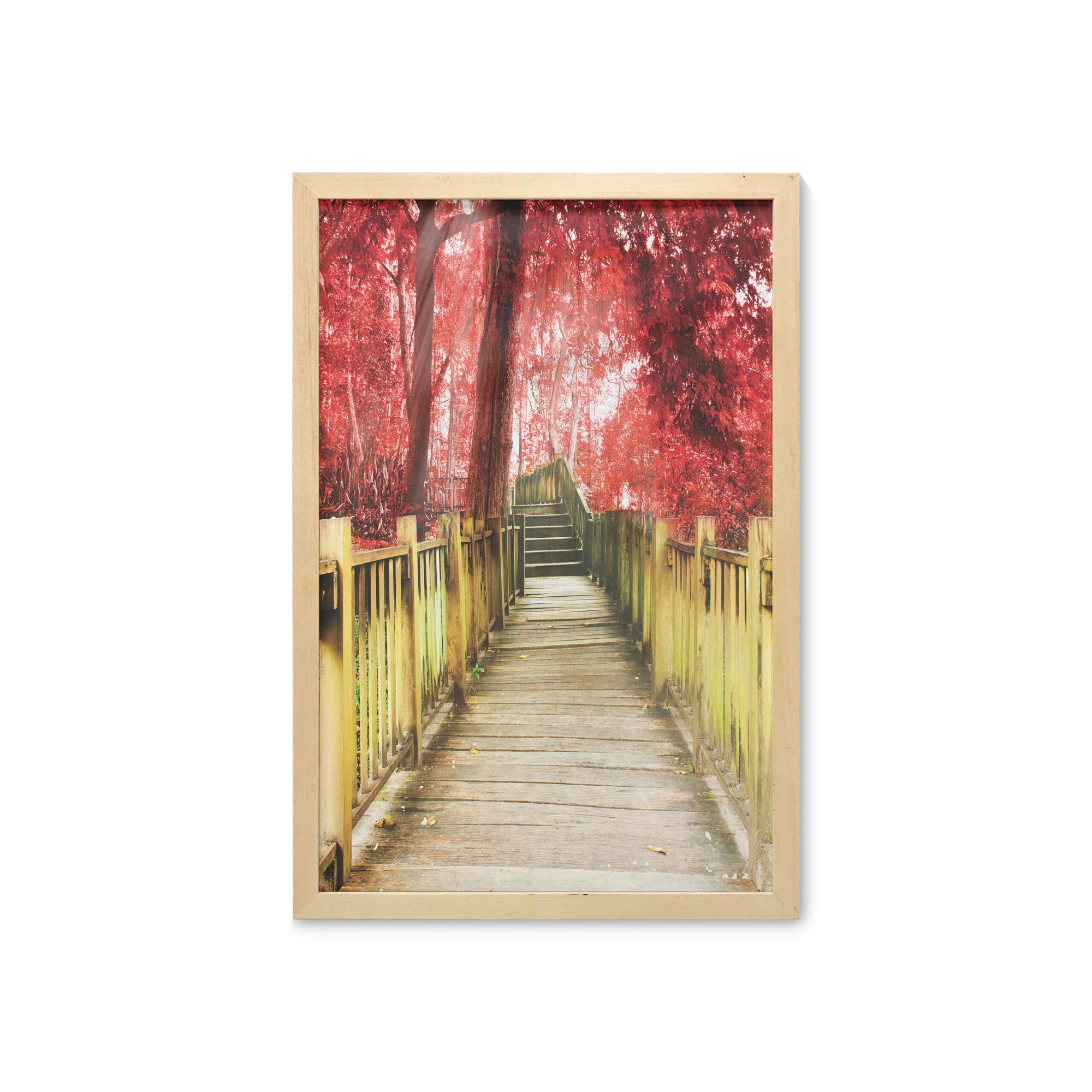 Ambesonne Autumn Wall Art with Frame - Abstract Vinous Forest Wooden Pier Walkway Stairs Print - 23x35 Inch Fabric Poster for Bathroom, Living Room, Dorm Decor - Vermilion & Pale Brown - Perfect for Fall Home Decor & Cozy Interior Design