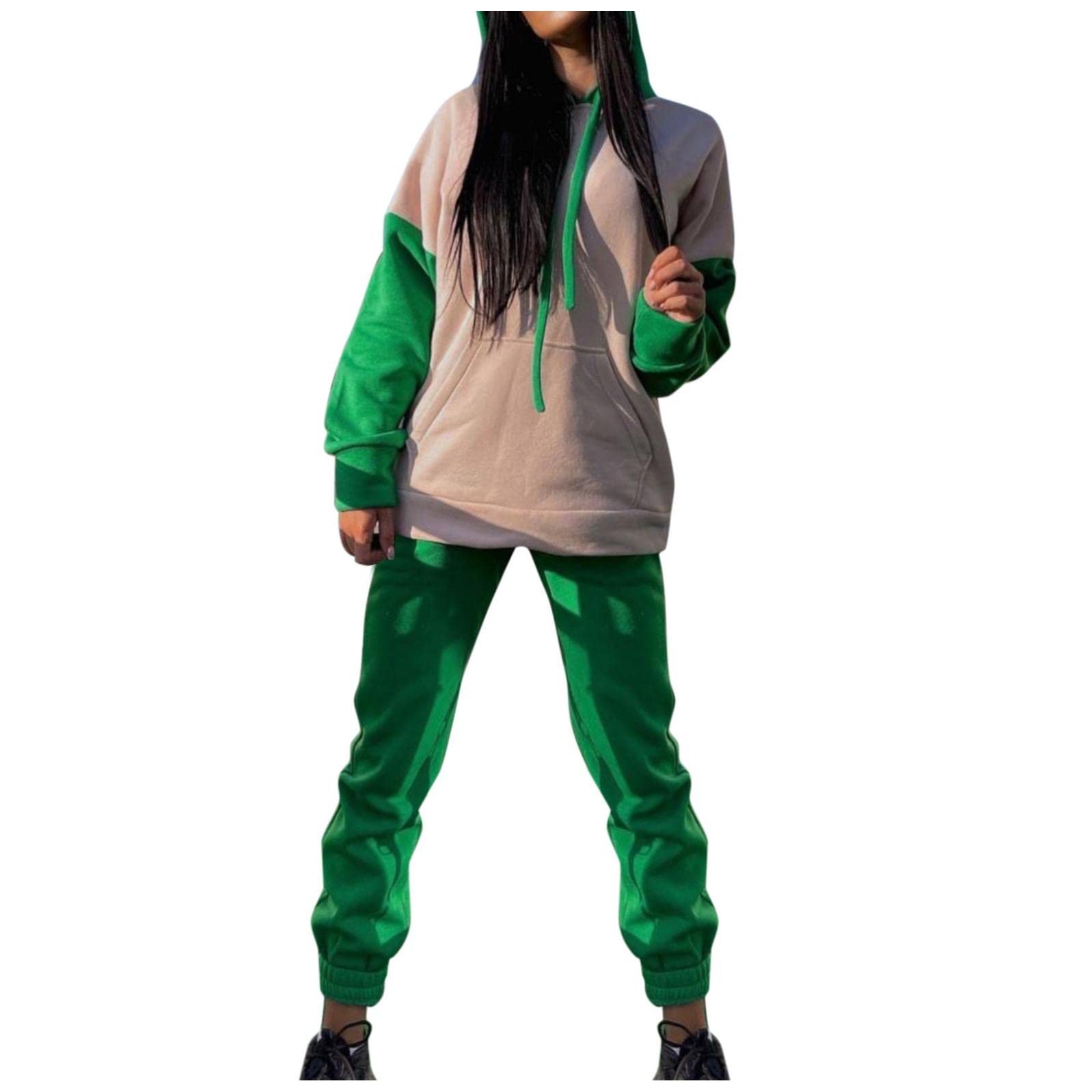 Women's Plus Size Patchwork Hoodie & Sweatpants Jogger Set - Loose Fit Sweatsuit Outfit with Pockets | Casual Lounge Wear, Workout, Running, Travel & Street Style Fashion