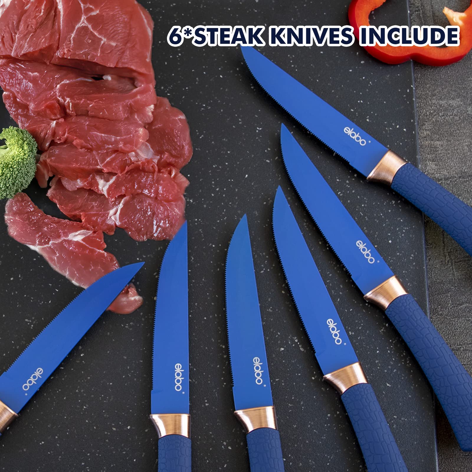 **Elabo 16-Piece Stainless Steel Kitchen Knife Set with Rose Gold Handle – Includes 6 Sharp Knives, 6 Serrated Steak Knives, Scissors, Peeler & Knife Sharpener in Storage Block (Blue) – Perfect for Home Cooking, BBQ & Gourmet Meal Prep**