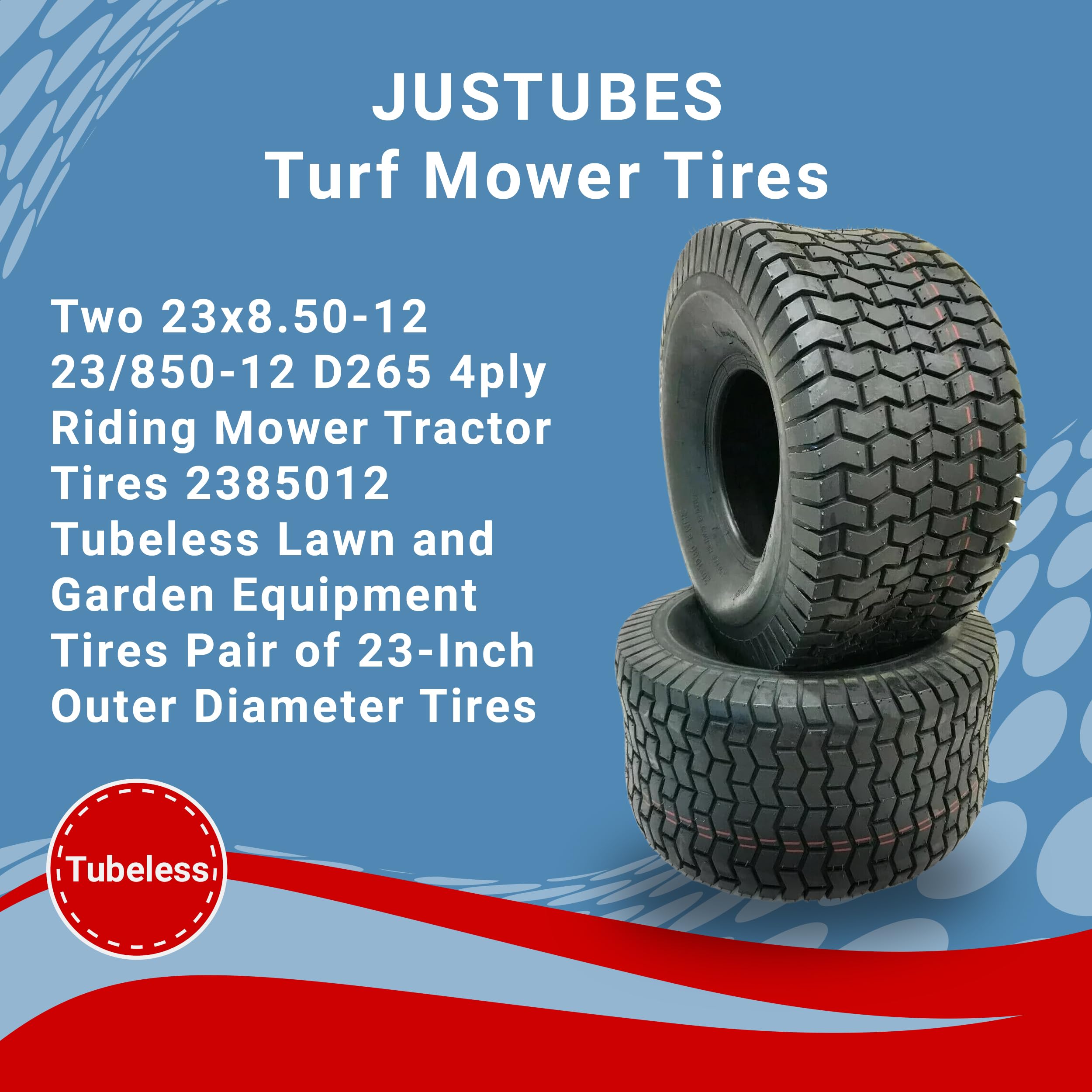 23x8.50-12 4-Ply D265 Tractor Tires - Pair of Tubeless Lawn Mower Tires for Garden Equipment (23-Inch Outer Diameter) - Perfect for Riding Mowers, Tractors and Outdoor Power Equipment