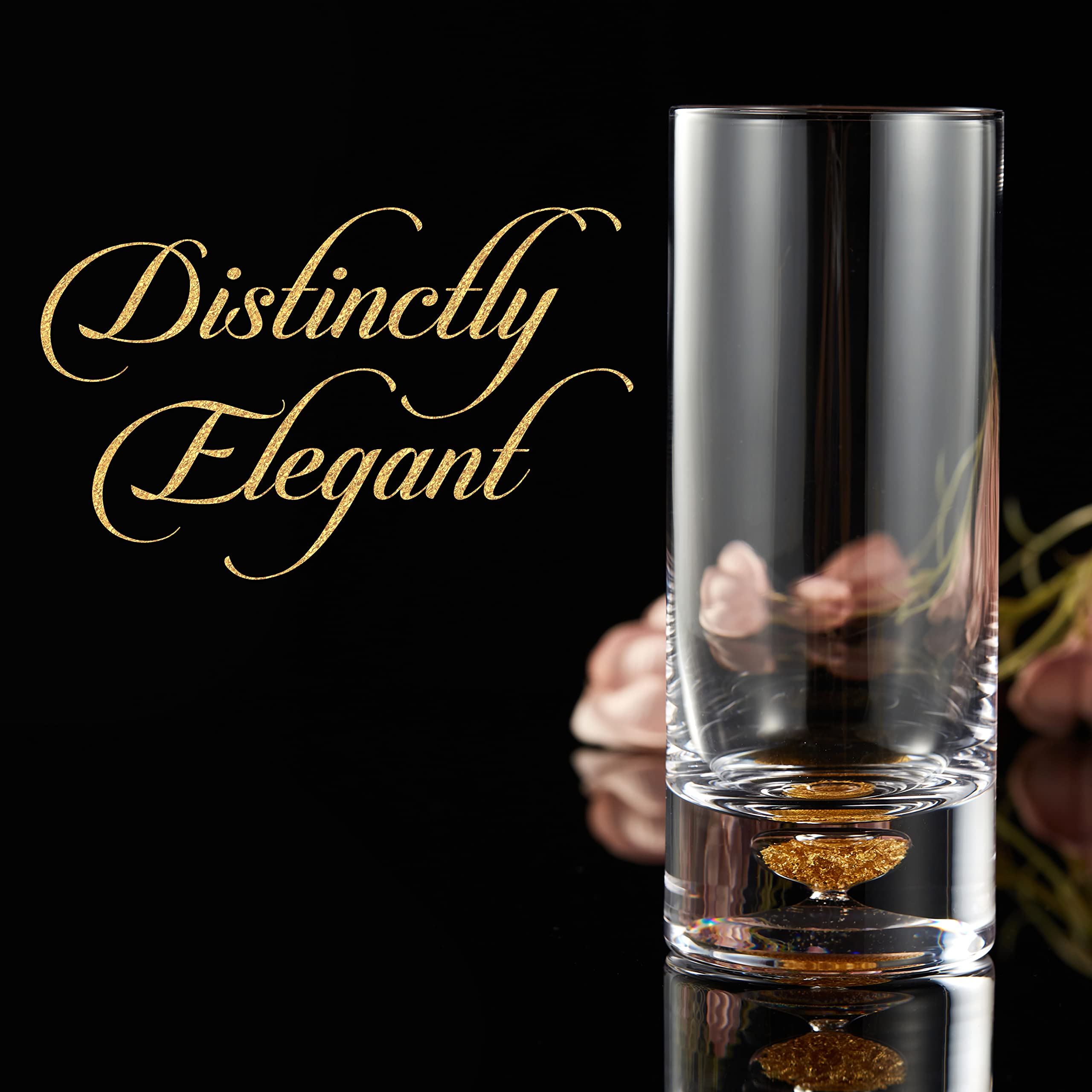 Premium 8.5oz Highball Glasses Set of 6 - Elegant Gold Flake Cocktail & Tom Collins Drinking Glasses for Whiskey, Gin, Iced Tea & Party Entertaining - Dishwasher Safe Barware