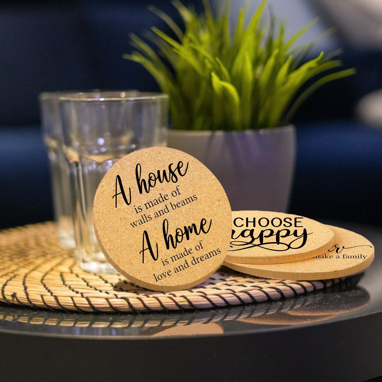 6-Pack Absorbent Cork Drink Coasters with Holder - Cute Round 4