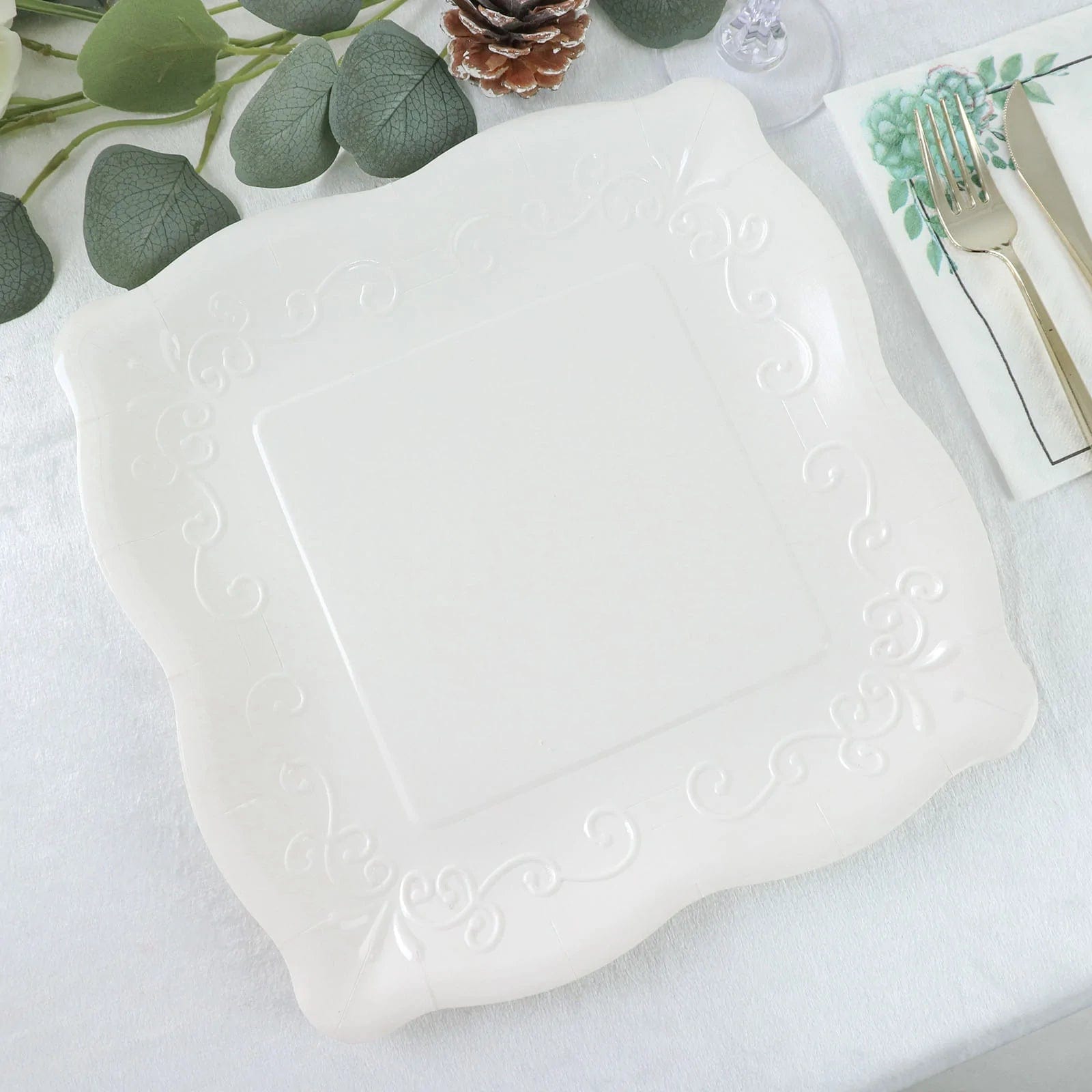 25 Pack Square Disposable Dessert Plates with Elegant Scroll Design - Perfect for Parties, Weddings, and Dinner Events