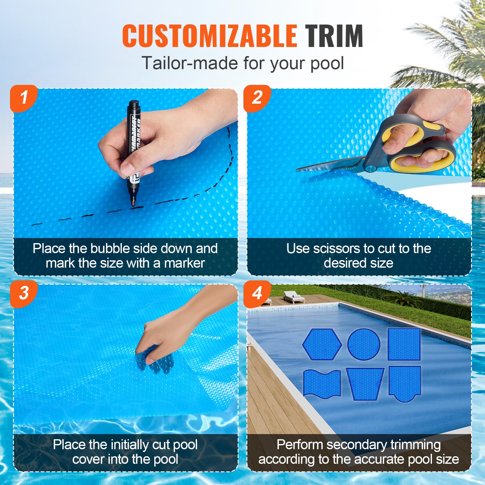 VEVOR 32 x 16 ft Rectangle Solar Pool Cover - 12 Mil Thick Blue Bubble Solar Blanket for Inground & Above Ground Swimming Pools | Heat Retention & Energy Saving | Perfect for Summer Pool Heating & Winter Protection