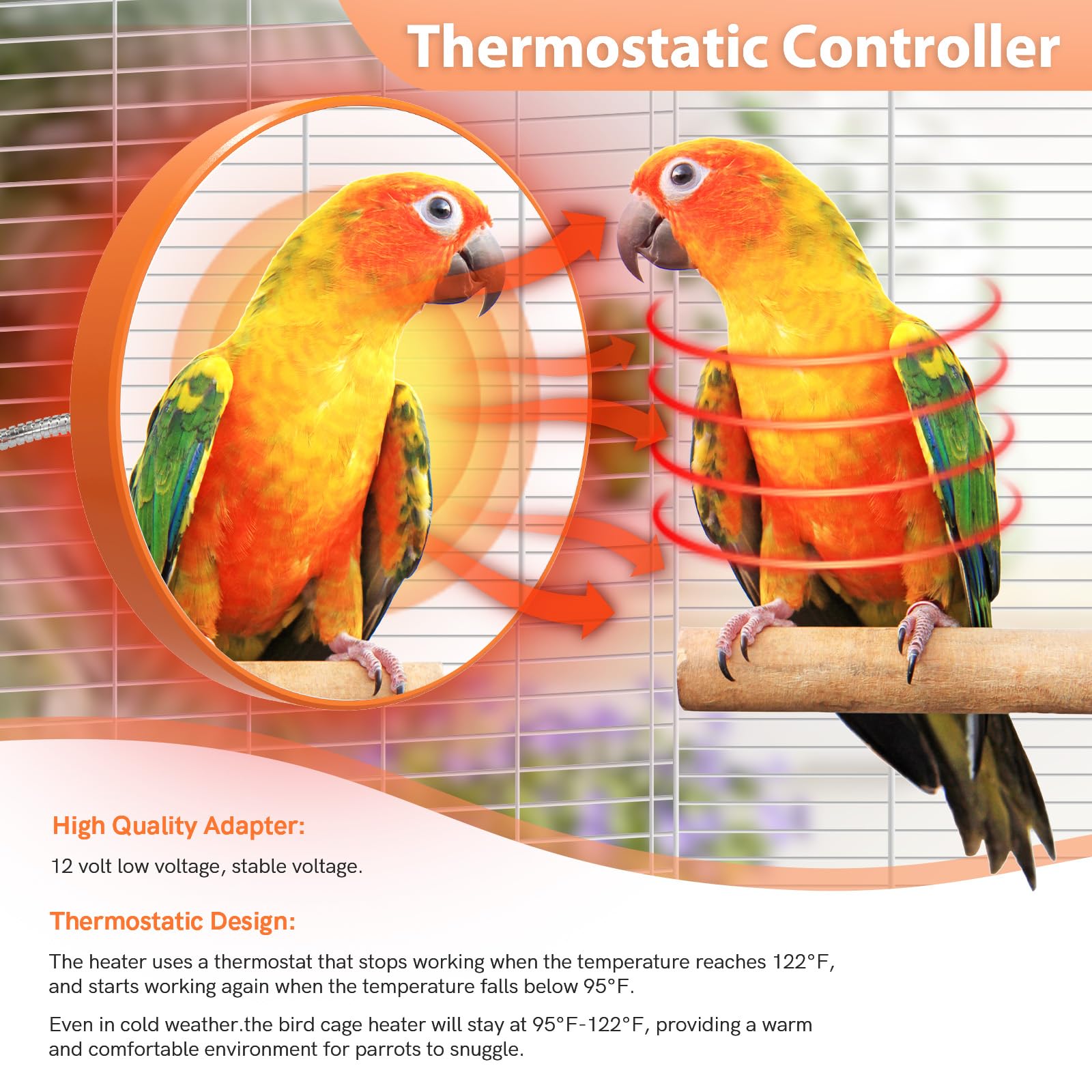 18W Thermostatically Controlled Bird Heater for Cage - Heated Pad with Mirror & Anti-Bite Rope - Safe Warmer for Parakeets, Parrots & Exotic Birds | Perfect for Winter & Cold Climates
