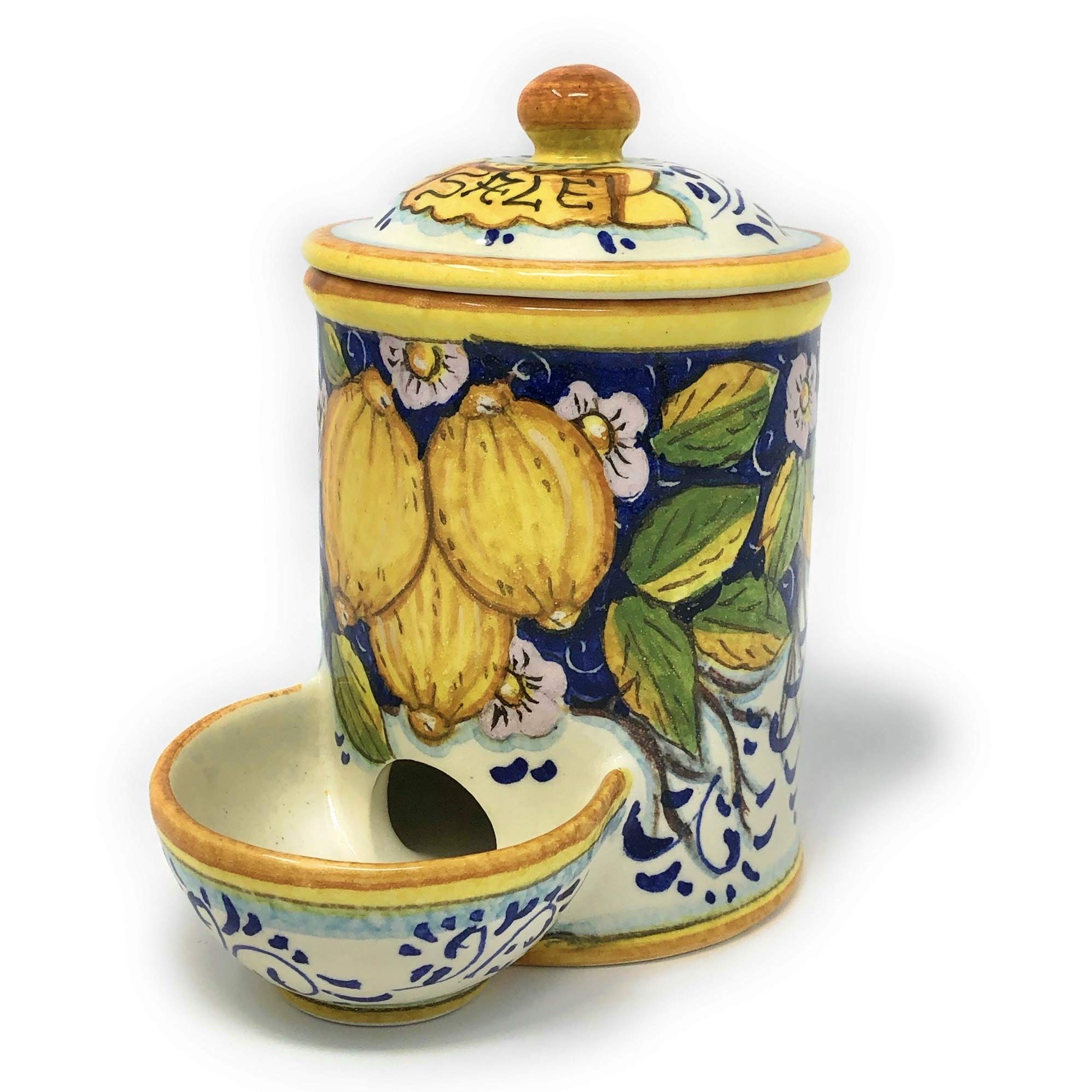 Hand-Painted Italian Ceramic Salt Jar with Three Lemons Design - Tuscan Art Pottery by CERAMICHE D'ARTE PARRINI, Made in Italy | Perfect for Kitchen, Dining Table & Gift Giving