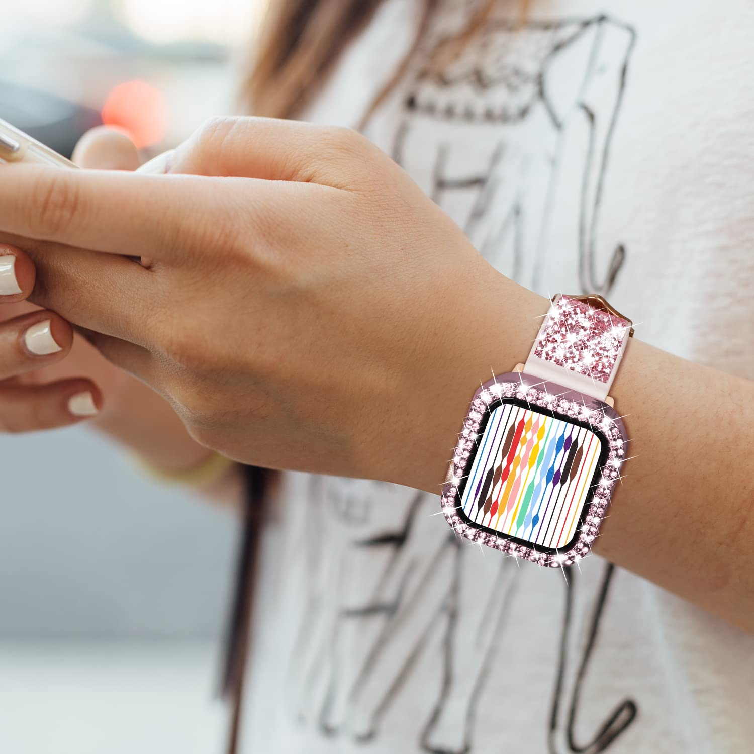 Sparkly Rhinestone Apple Watch Band with Protective Case - Compatible with iWatch Series 9/8/7/6/5/4/3/2/1 & SE (45/44/42/41/40/38mm) - Fashion Glitter Silicone Strap for Women - Perfect for Workouts, Parties & Everyday Wear