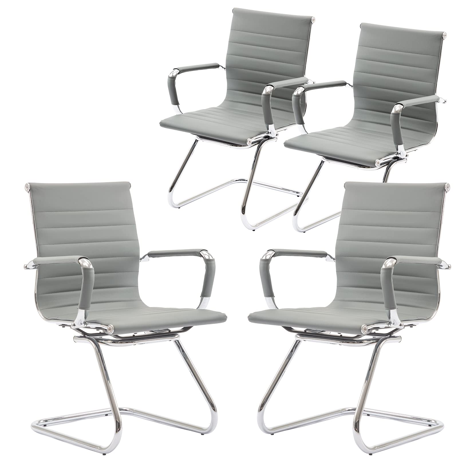 4-Piece Office Guest Chair Set - Mid Back PU Leather Conference Chairs with Metal Legs & Sled Base for Reception & Waiting Areas (Grey) - Perfect for Corporate Lobbies, Meeting Rooms & Professional Spaces